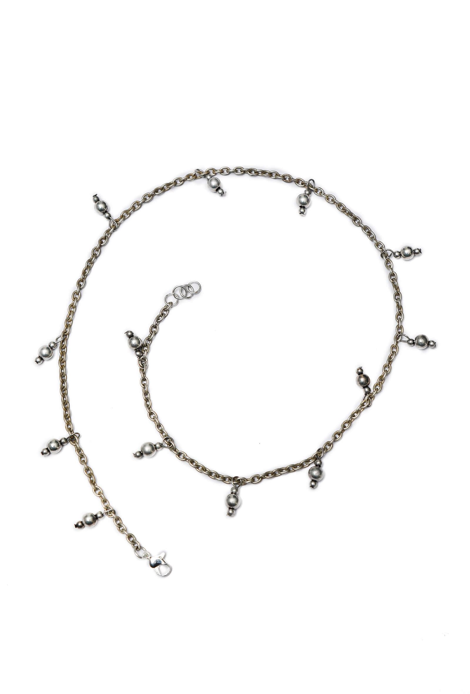 Set of 2: Silver-Plated Double Layered brass Chain Anklets With Bells