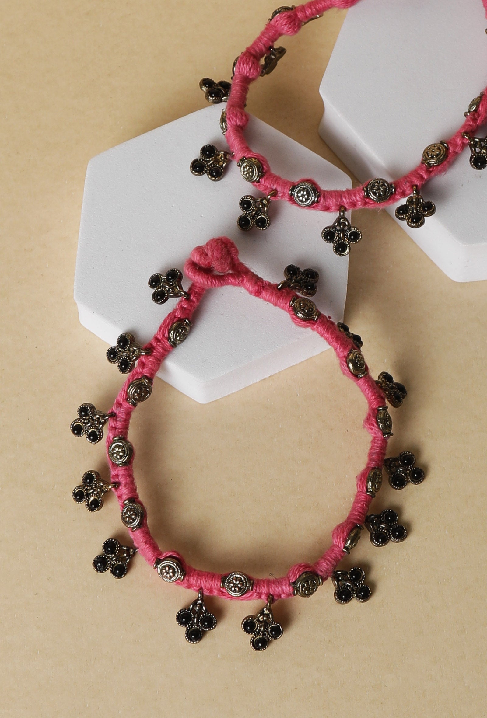 Set Of 2- Sana Pink Glass Bead Anklet