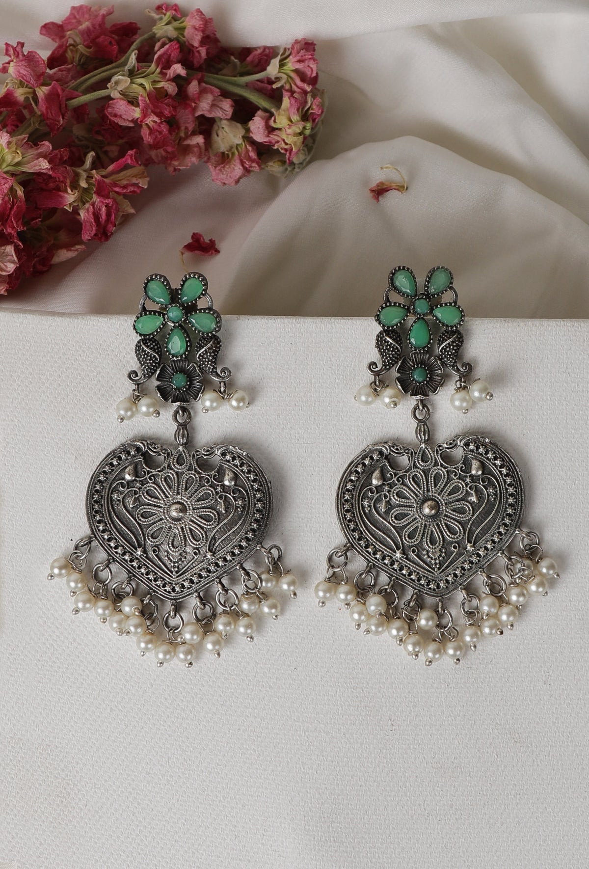 Green Kundan Heart Shape Pearl Drop Earrings