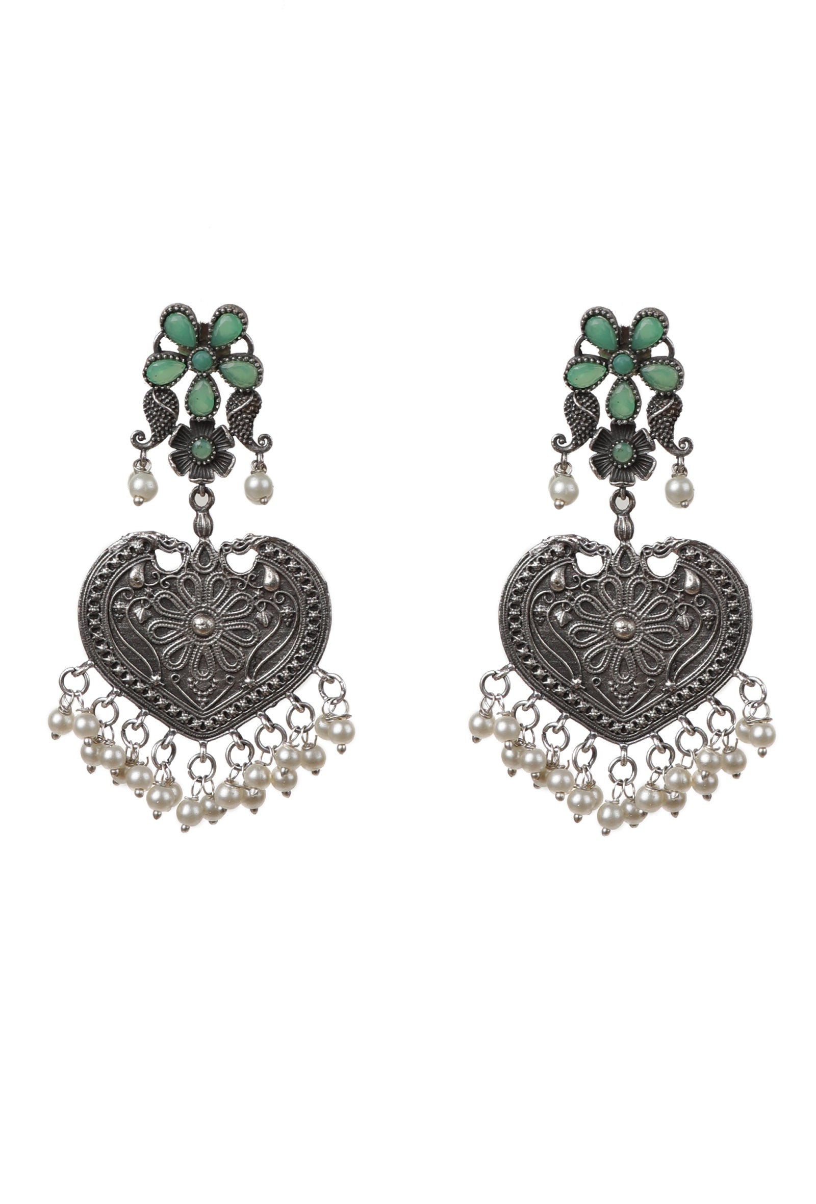 Green Kundan Heart Shape Pearl Drop Earrings