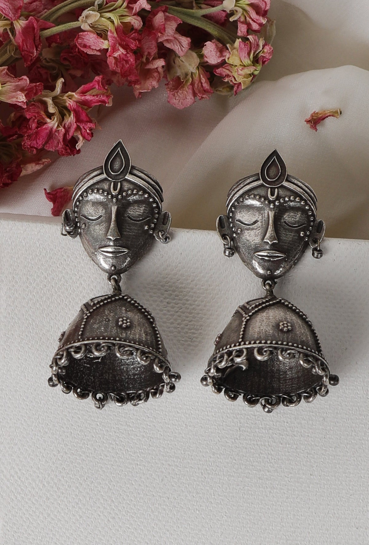 Krishna Face Motif Oxidized Jhumka Earrings