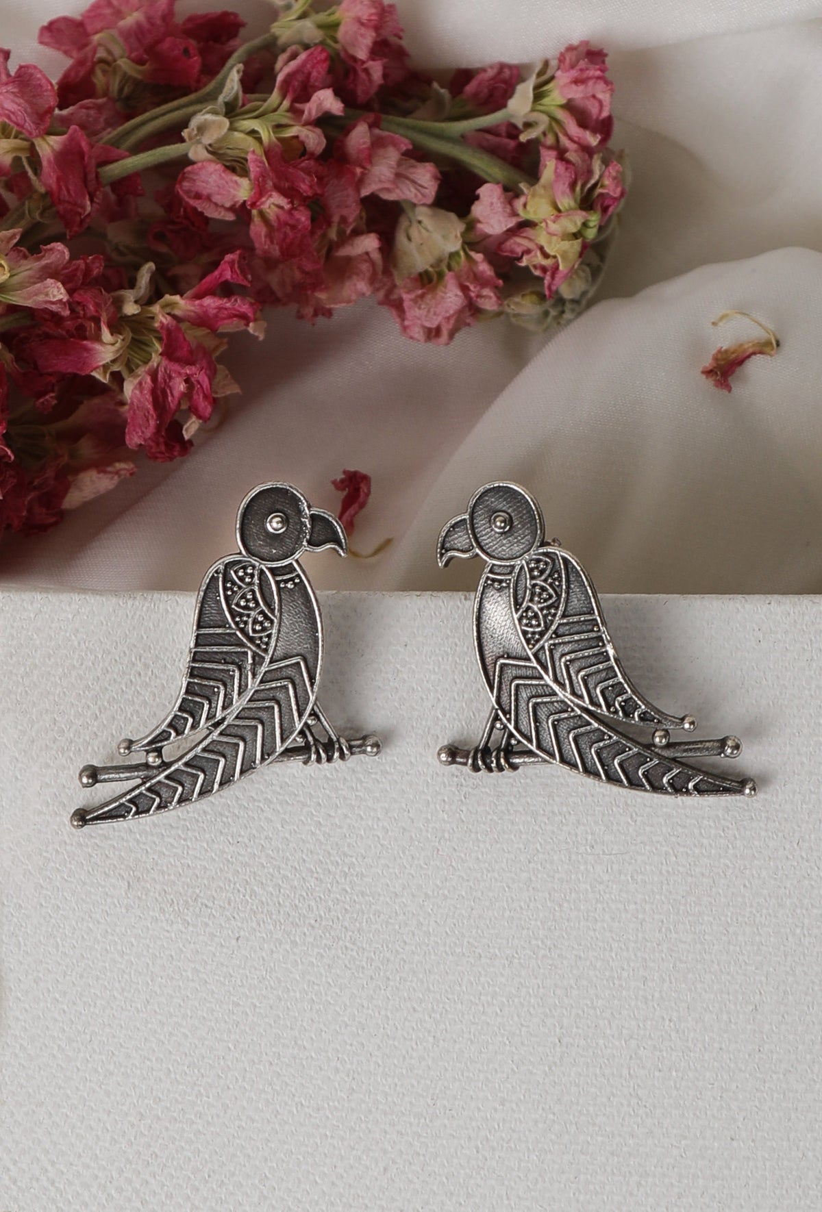 Parrot Textured Silver Stud Earrings