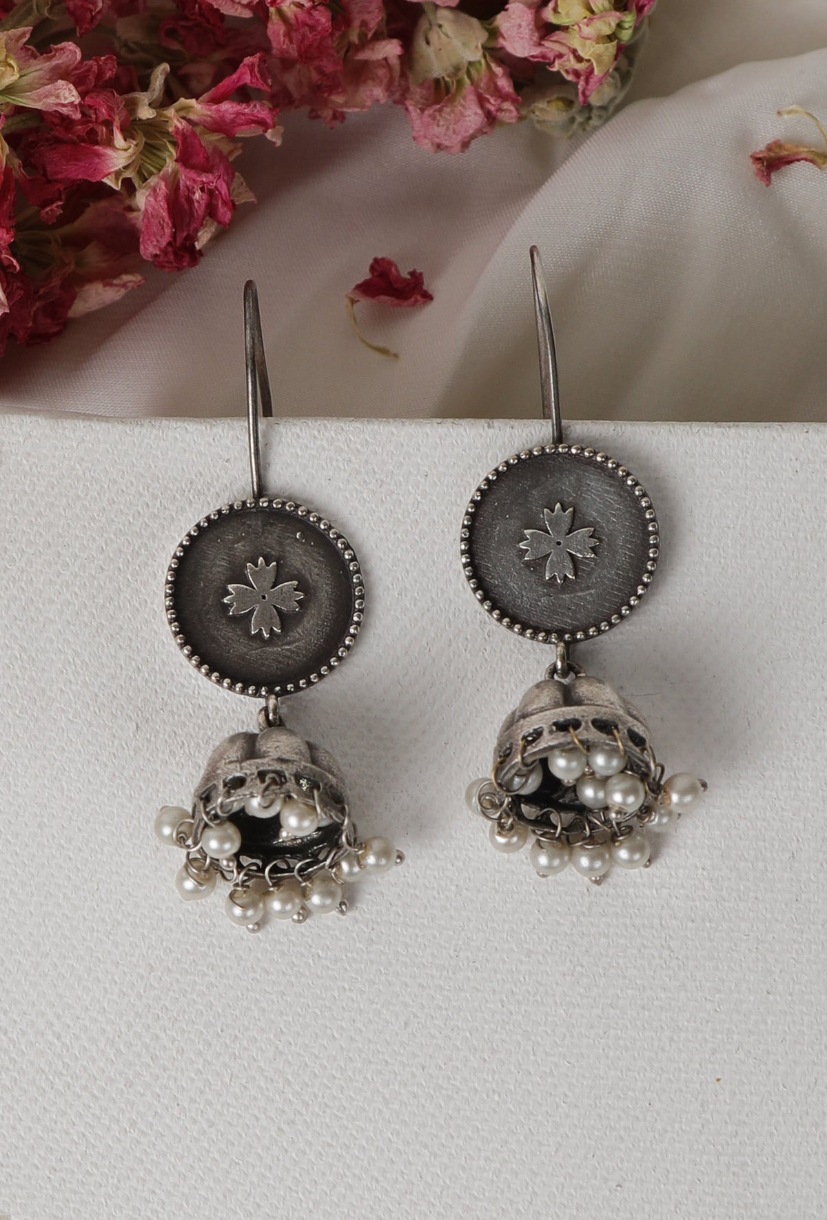 Floral & Pearl Hook Jhumkas Earrings