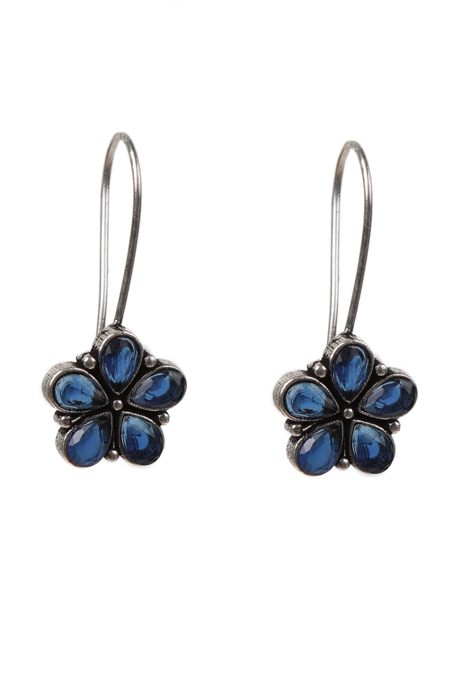 Blue Kundan Floral Drop Hook Earrings