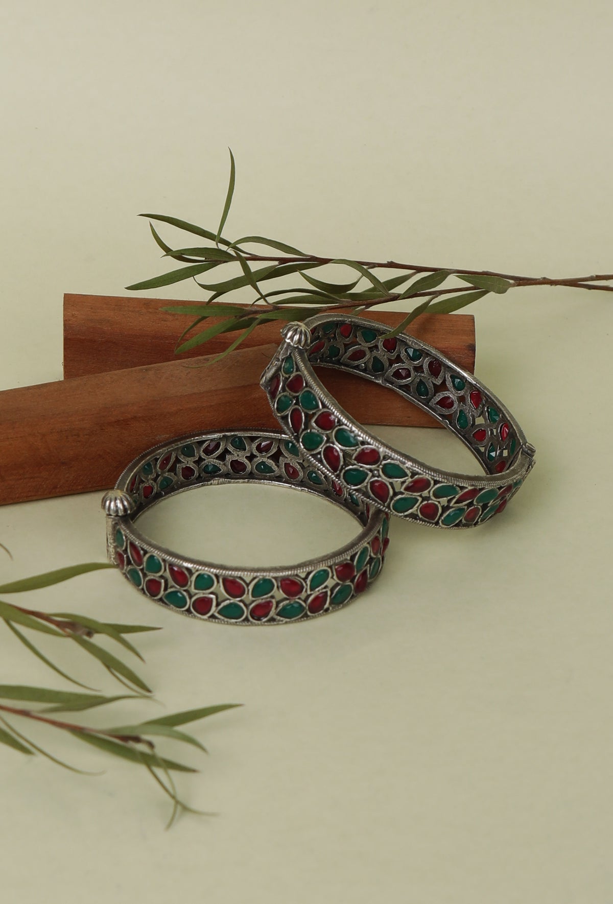 Oxidized Silver Bangle Set With Green & Red Stones