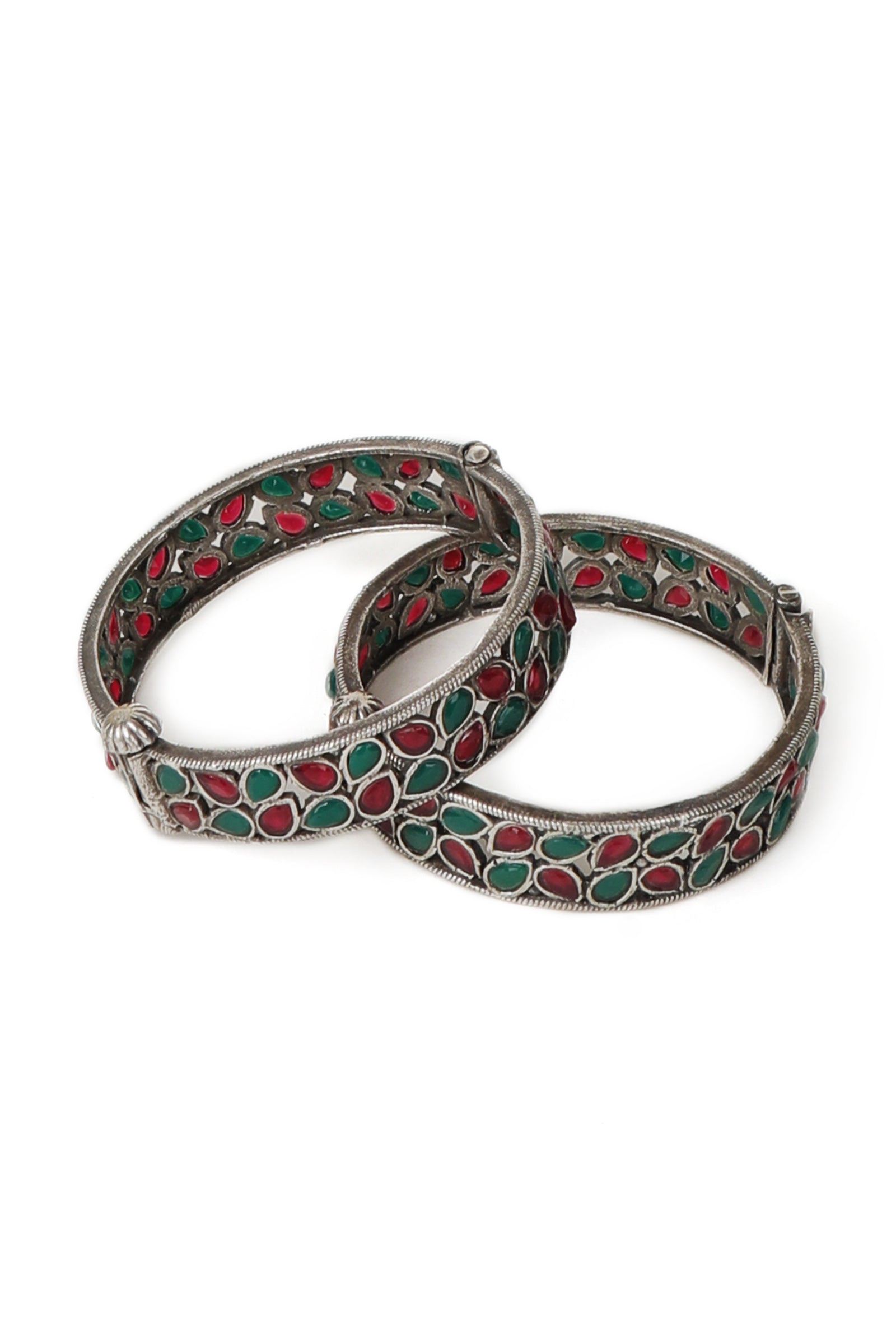 Oxidized Silver Bangle Set With Green & Red Stones