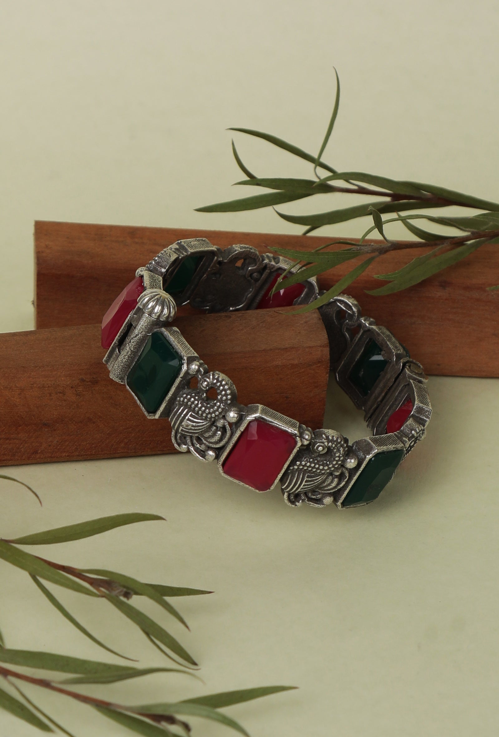 Royal Elegance Oxidised Silver Bangle Set With Green & Red Stones