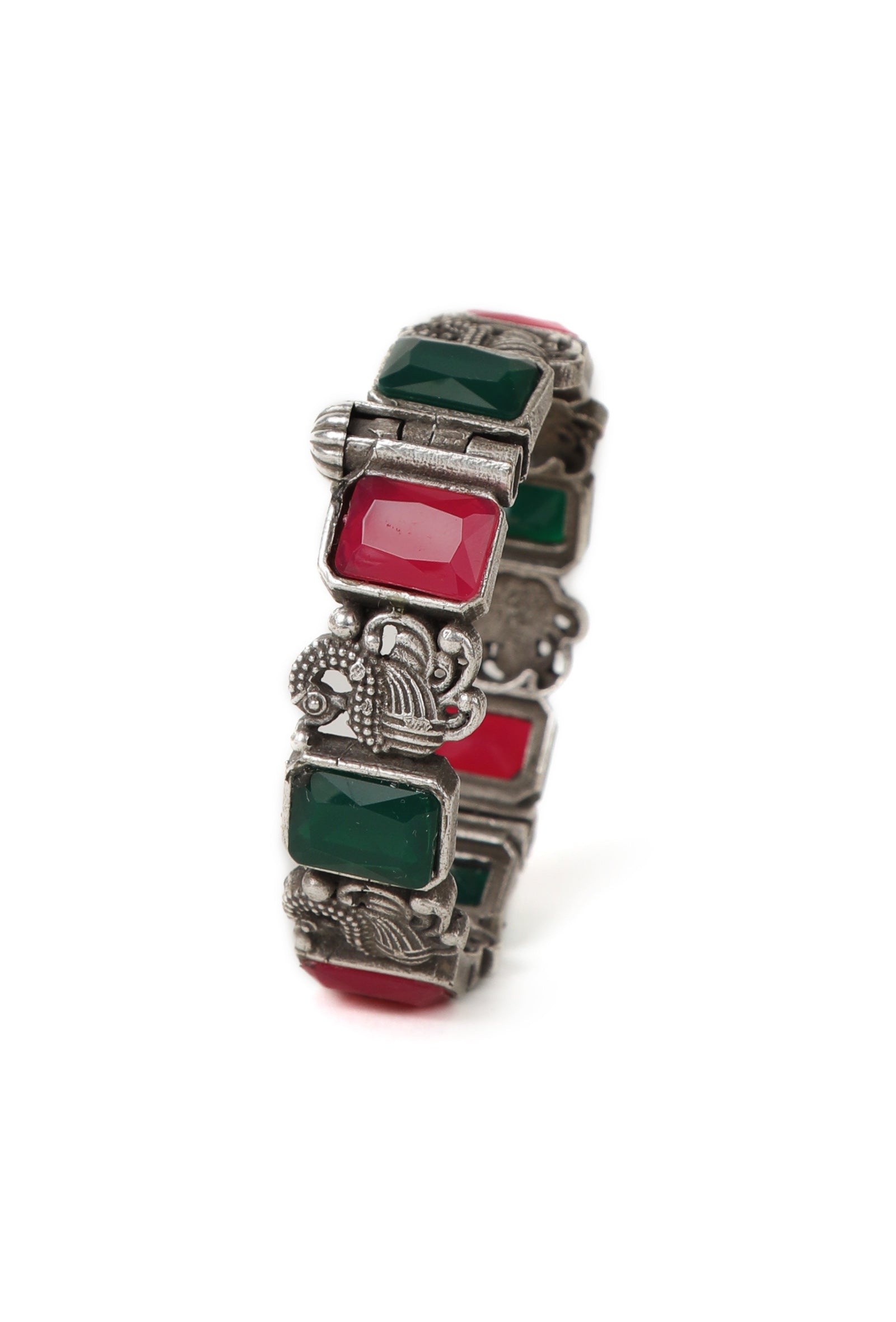 Royal Elegance Oxidised Silver Bangle Set With Green & Red Stones