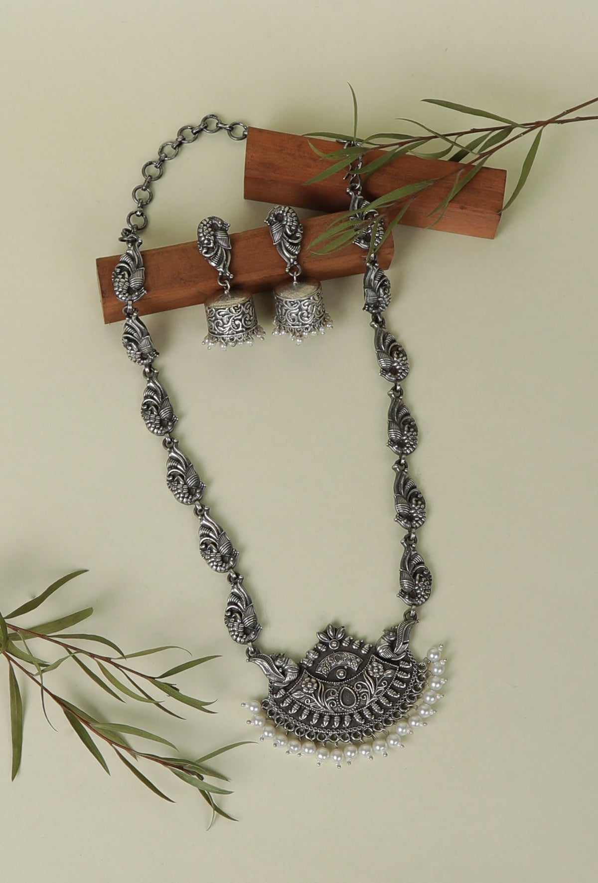 Oxidized Silver Peacock Necklace & Jhumka Set