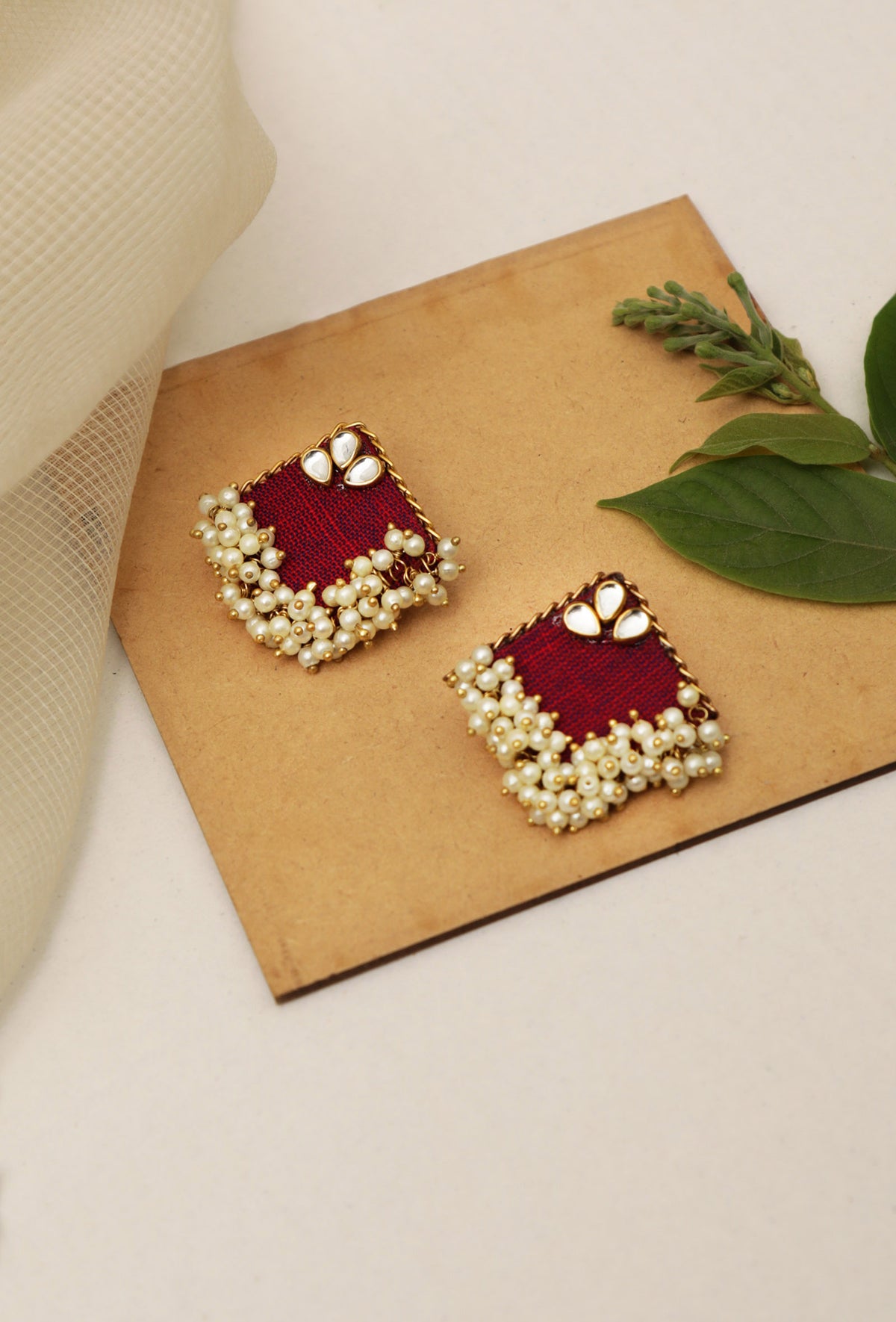 Handmade Beautiful Square Shape Pink Fabric With Stone Mogra Pearl Lightweight Earring