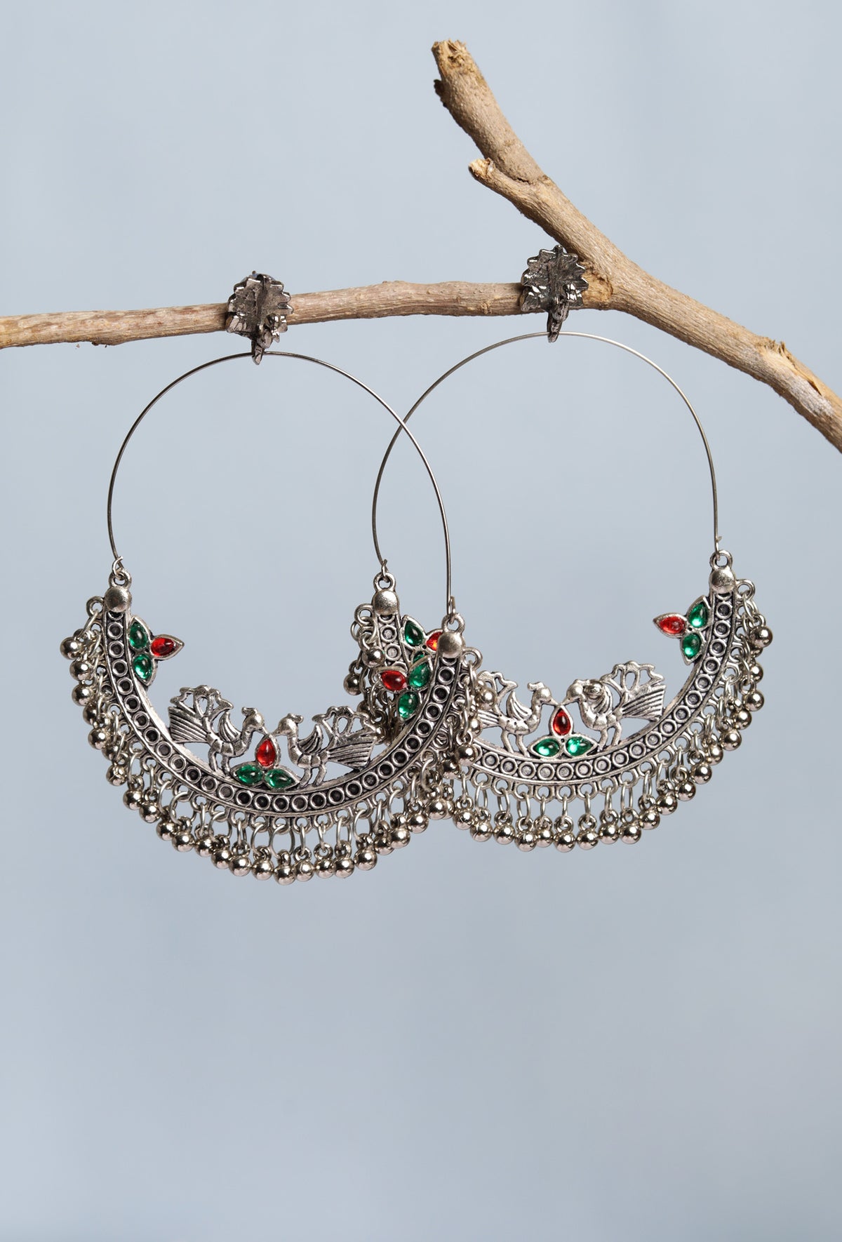 Oxidized Silver Light Weight Designer Red/Green Stone work Chandbali with Peacock Stud Dangler Earring