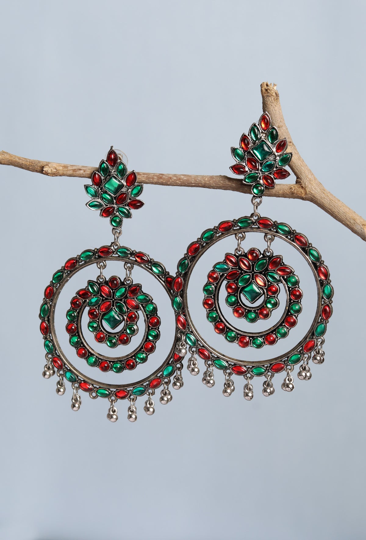 Afghani Oxidized Silver Double Round Traditional Light Weight Red/Green Stone Chandilier Dangler Earring