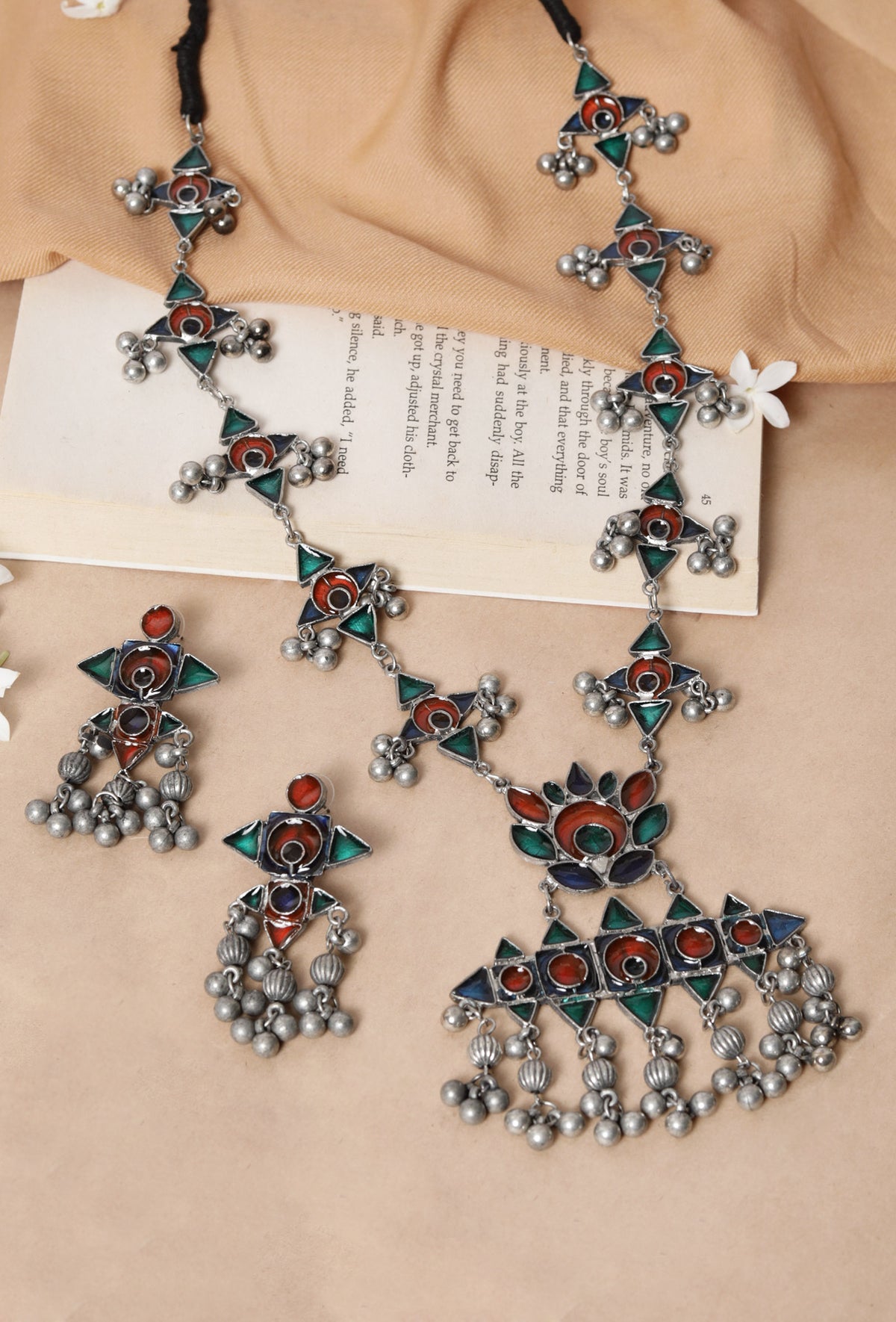 Afghani Silver Plated Multi Meenakari Ghungroo Tassel Necklace Set
