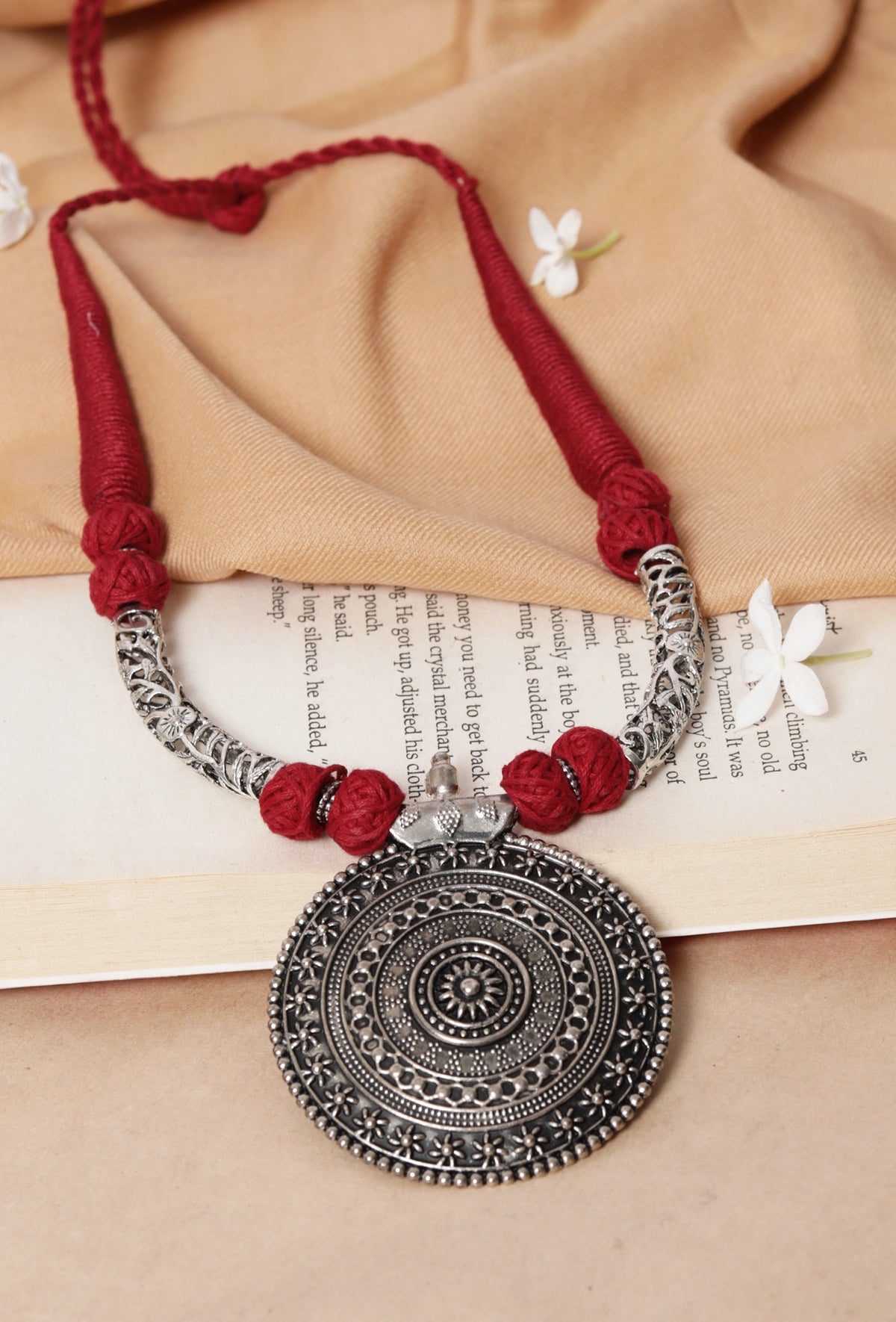 German Silver Premium Quality Designer Sheild Shapped Pendant With Maroon Thread Ball With Dori Necklace