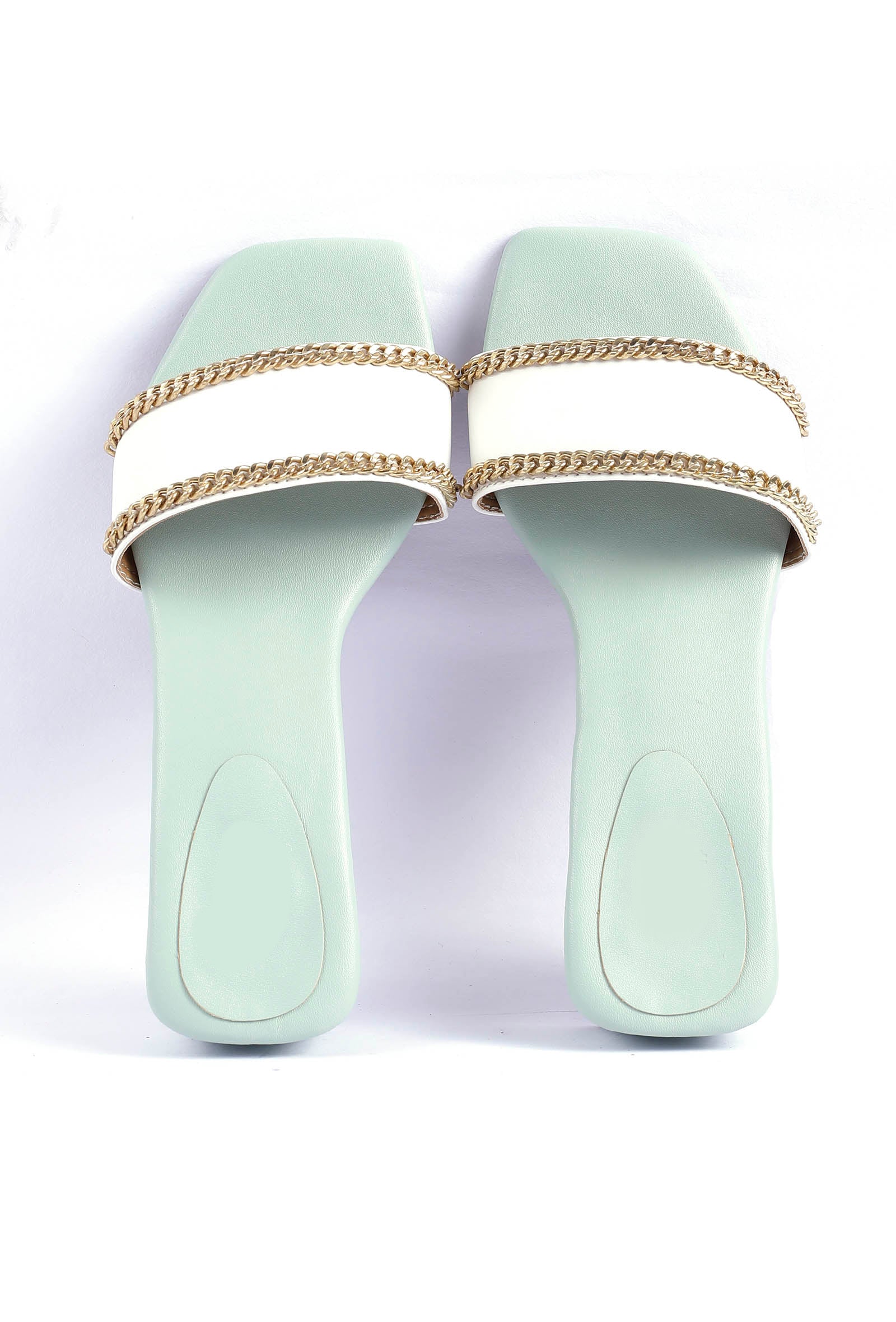 Ice Blue and White Gold Chain Cruelty-Free Leather Heels