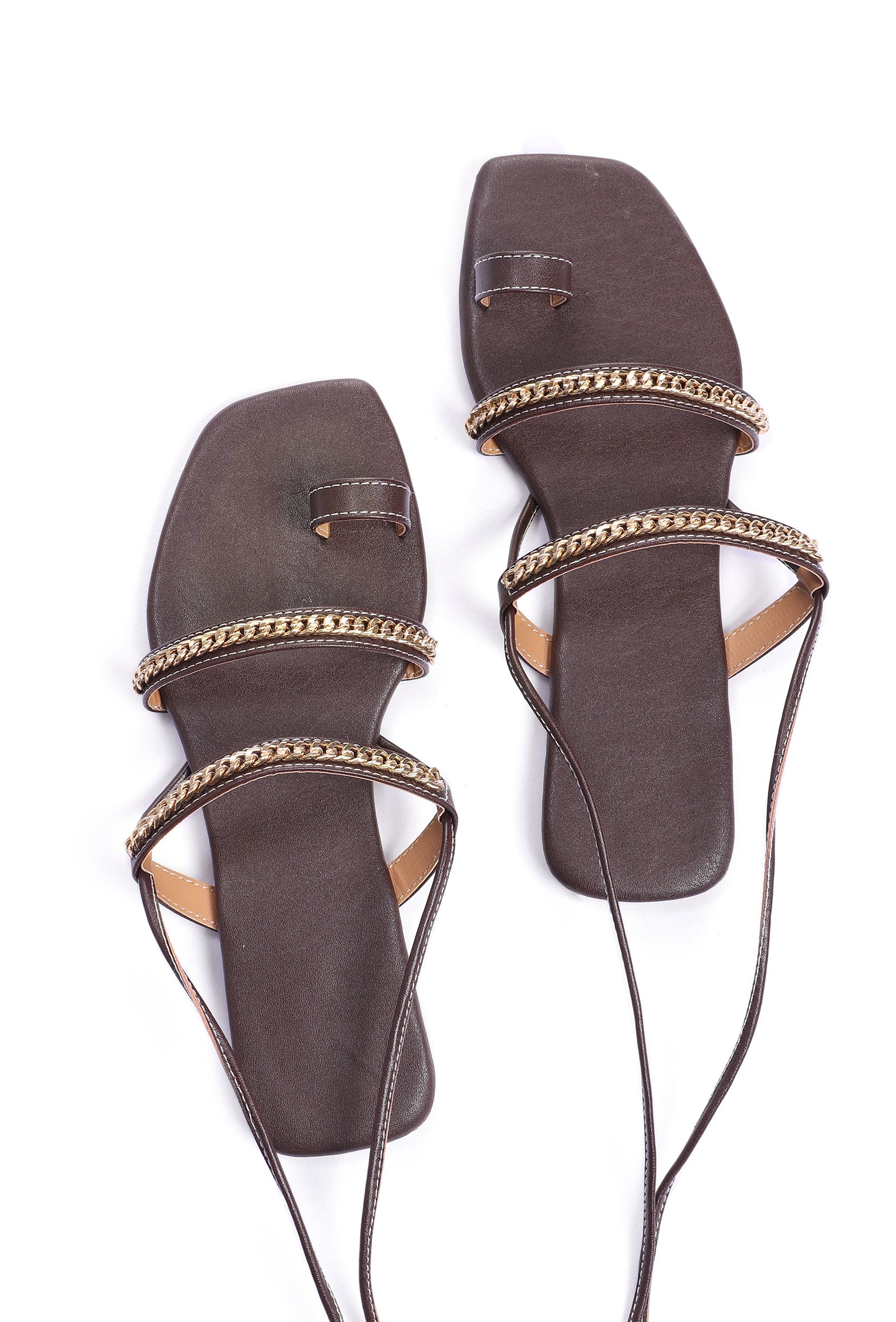 Brown Linked Chain Summer Tie Up Flats
