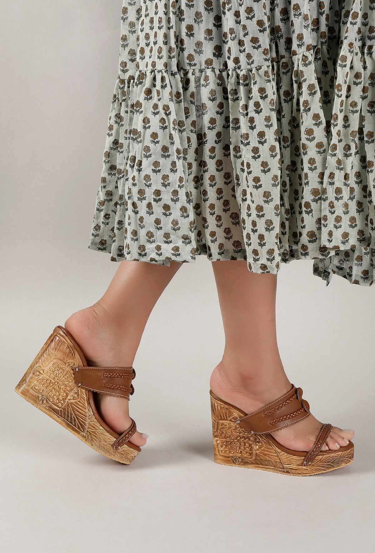 Caramel Brown Wooden Carved Braided & Textured Wedges