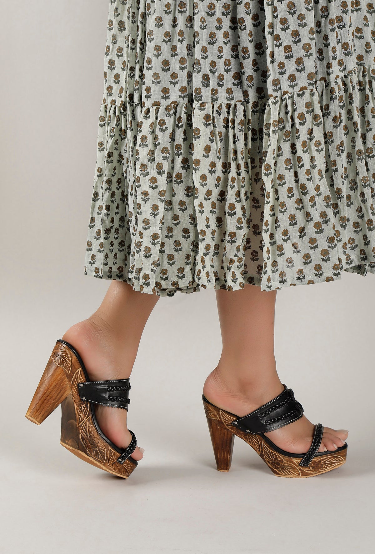 Black and Walnut Brown Wooden Carved Braided Solid Heels