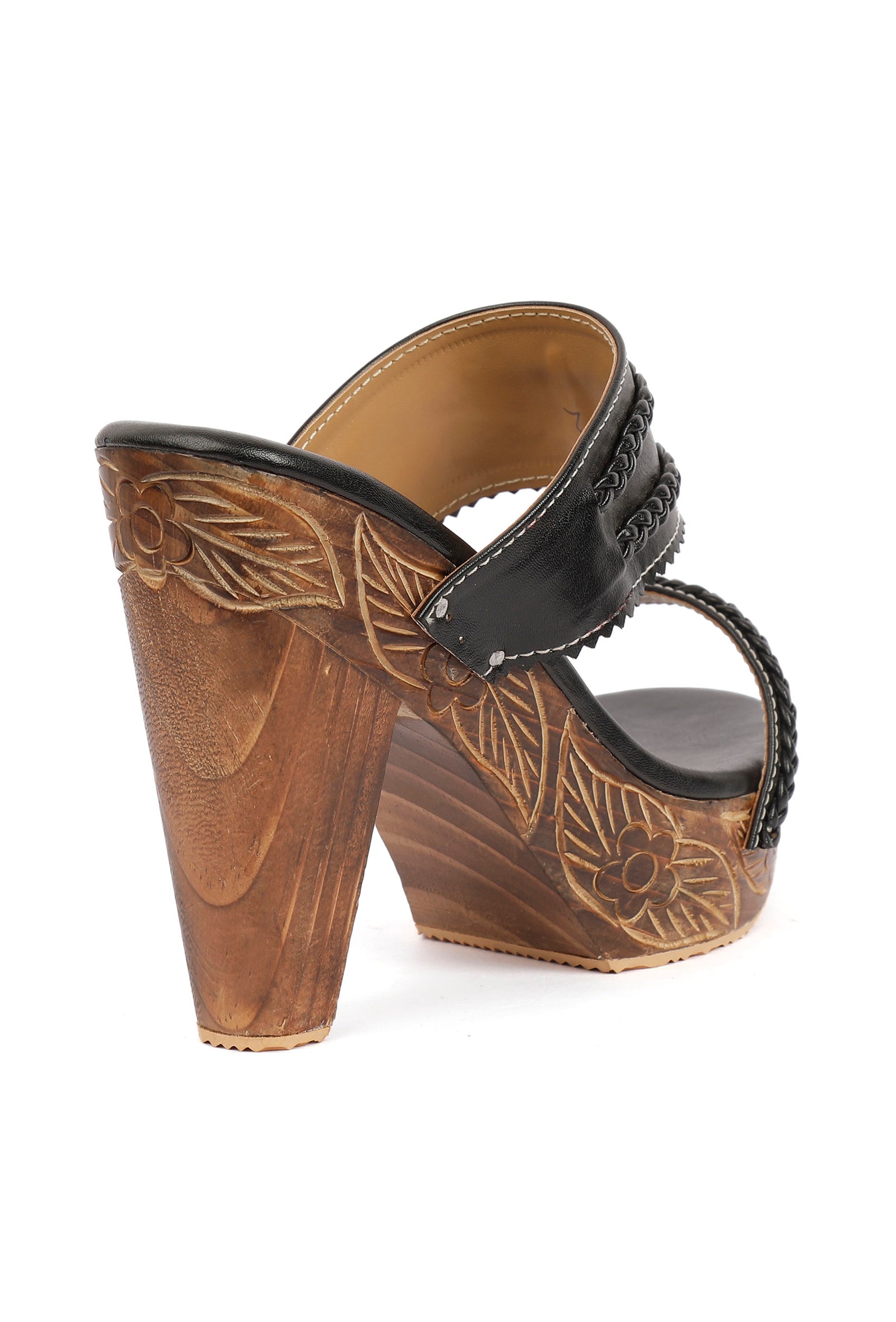 Black and Walnut Brown Wooden Carved Braided Solid Heels