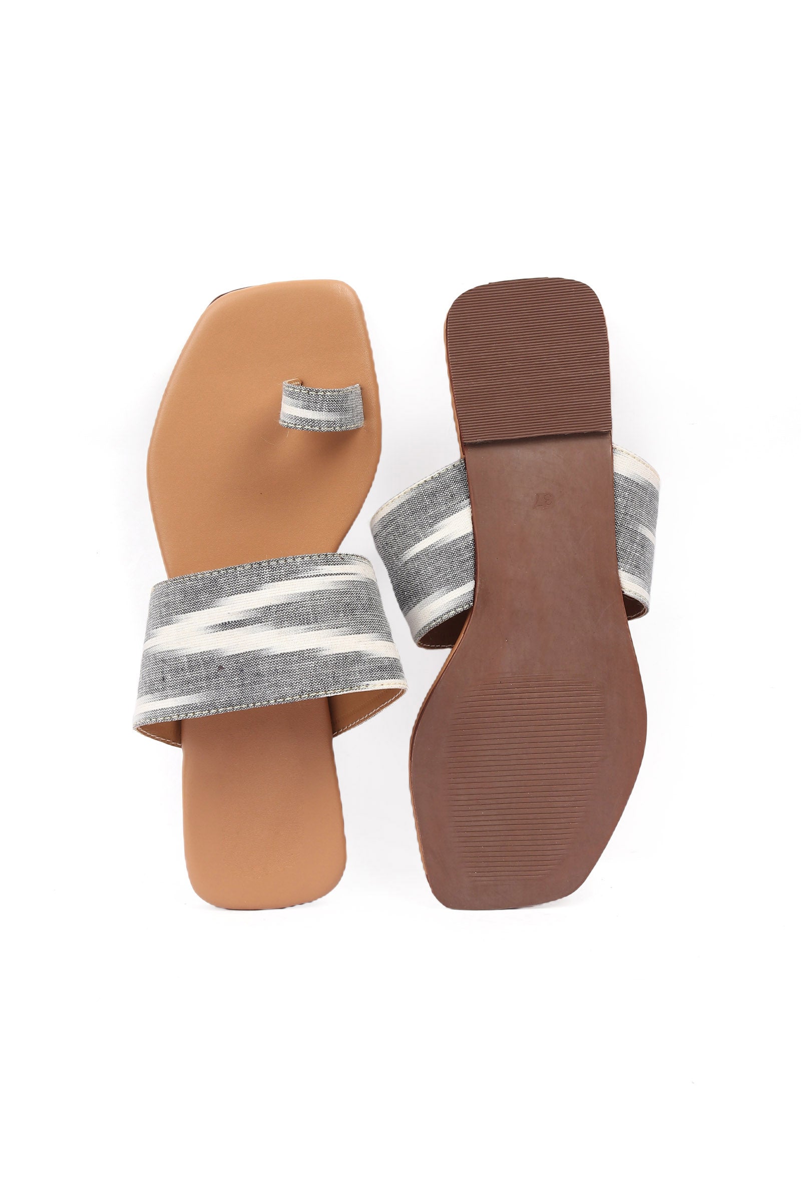 Grey, White & Tawny Brown Ikat One Toe Cruelty Free Leather Flats