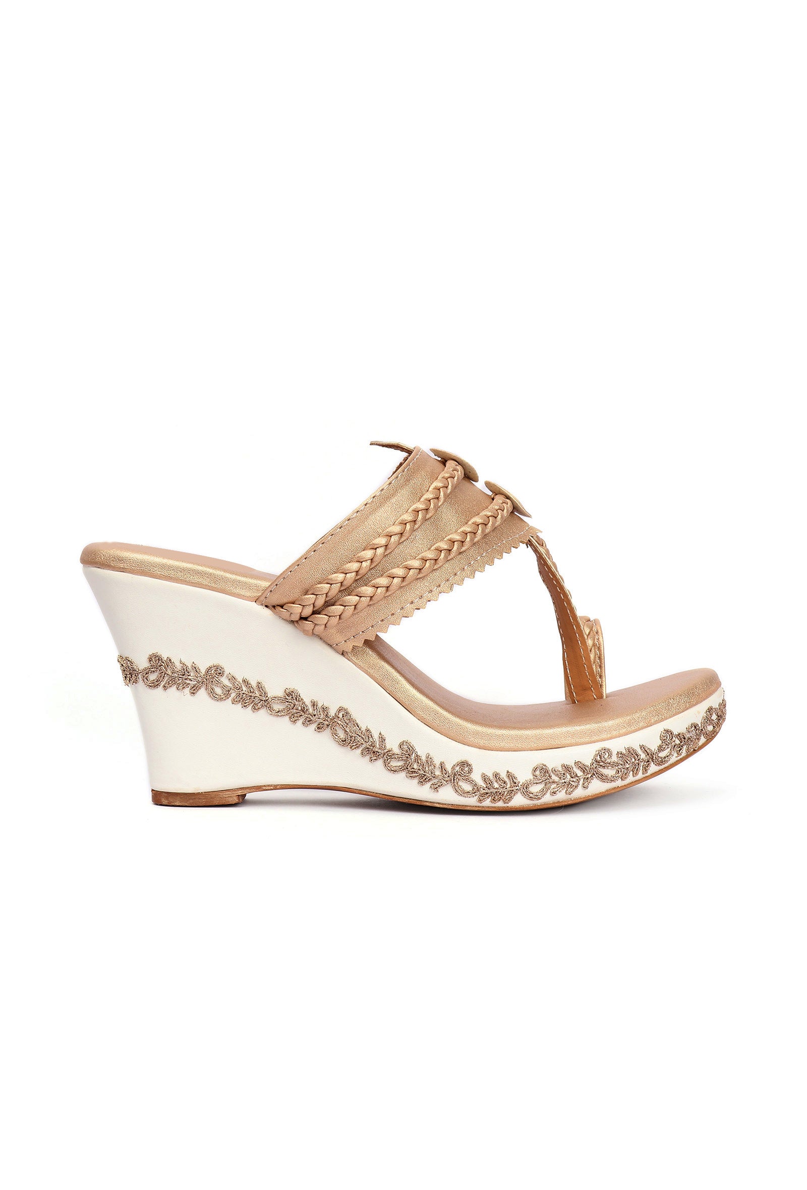 Zarina Golden Hand Embroidered Braided One Toe Wedges