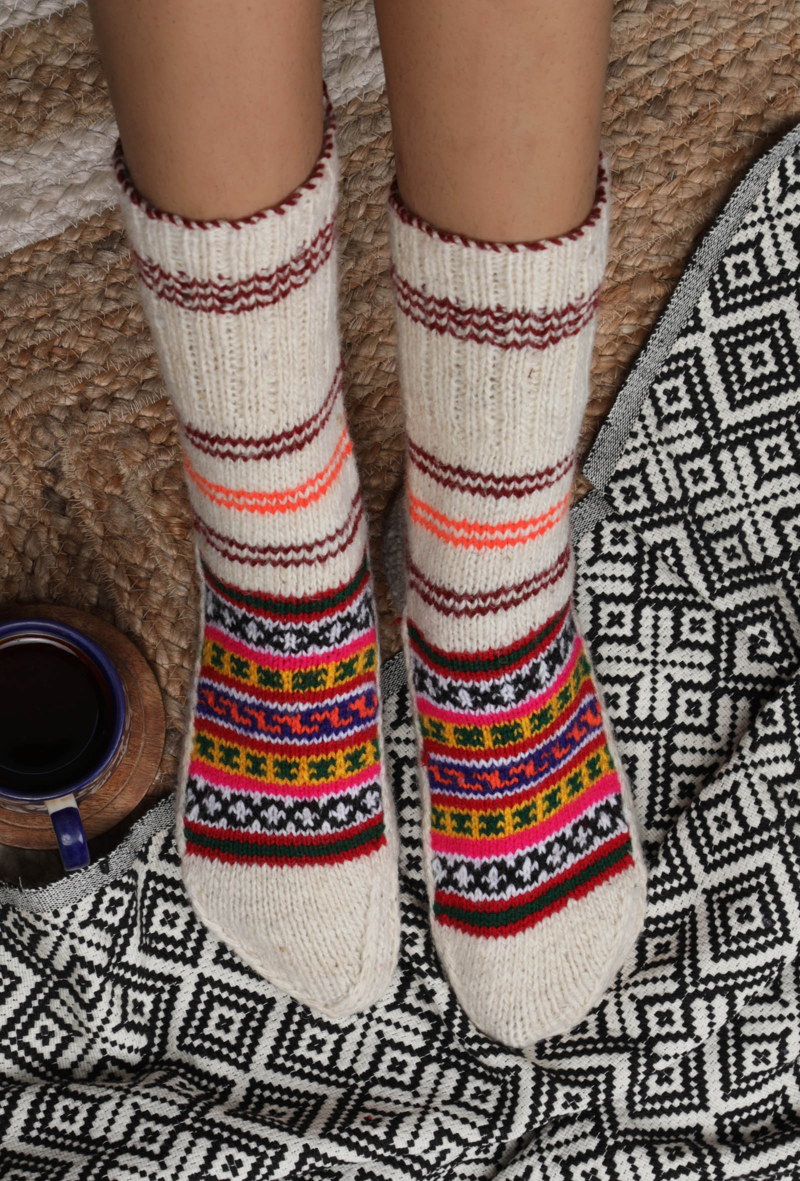 Off-White & & Multi Hand Knitted Woolen Winter Socks