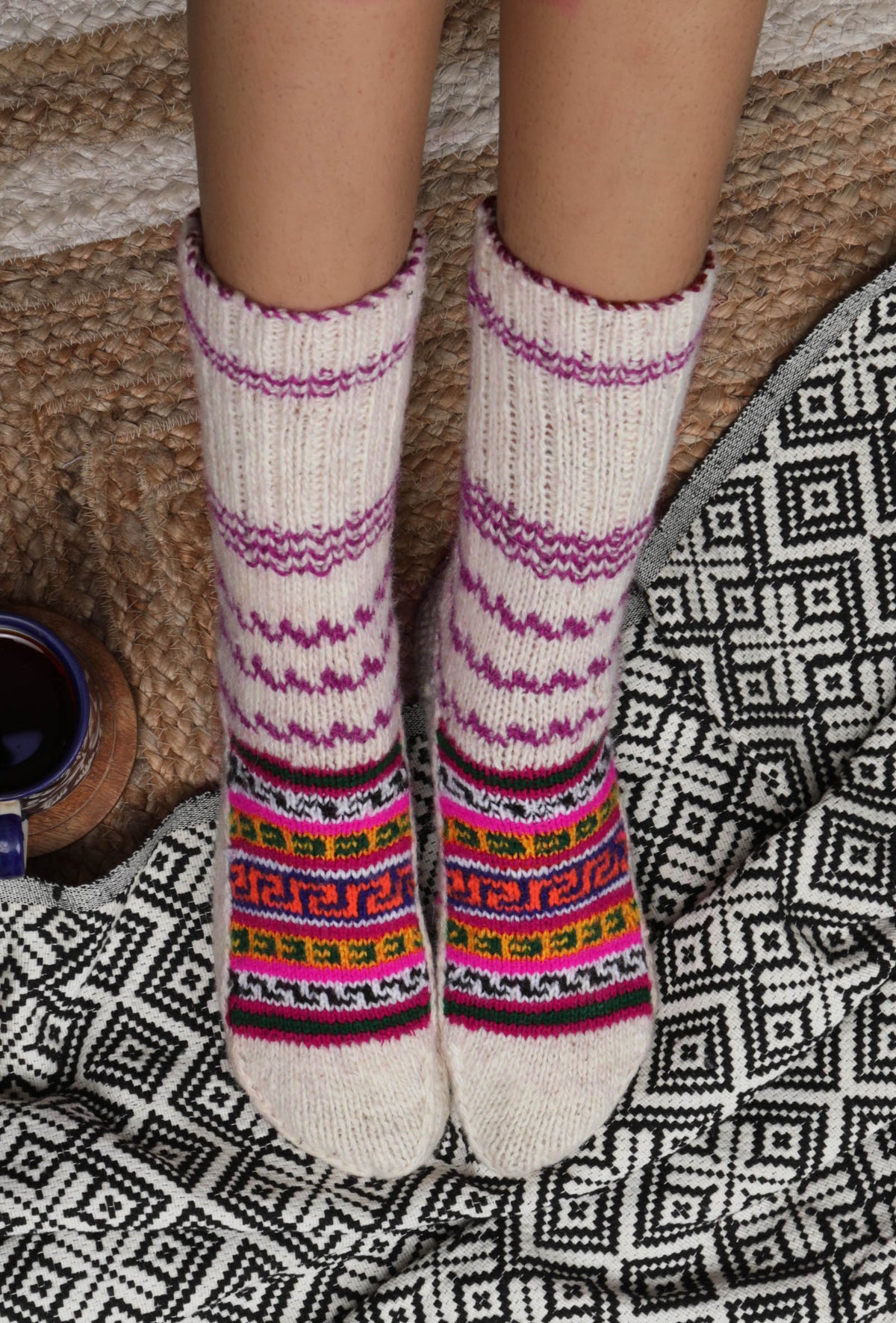 White & Multi Hand Knitted Woolen Winter Socks
