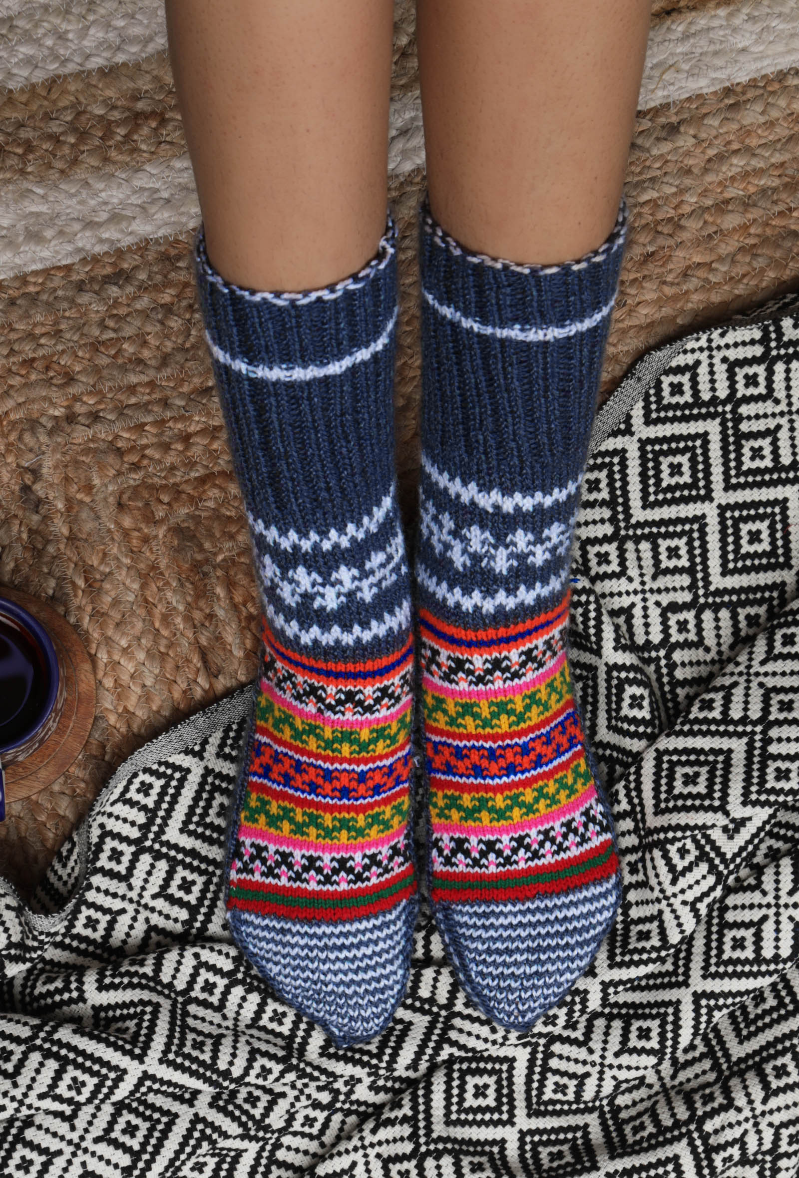 Aegean Blue & Multi Hand Knitted Woolen Winter Socks