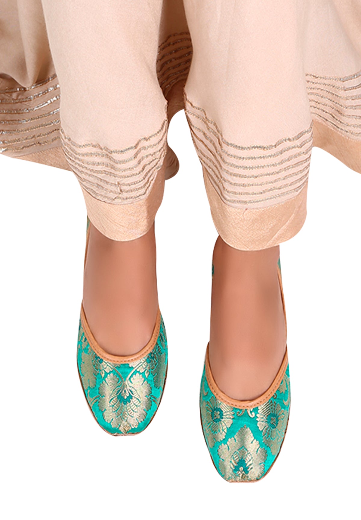 Cyan Brocade Genuine Leather Punjabi Jutti