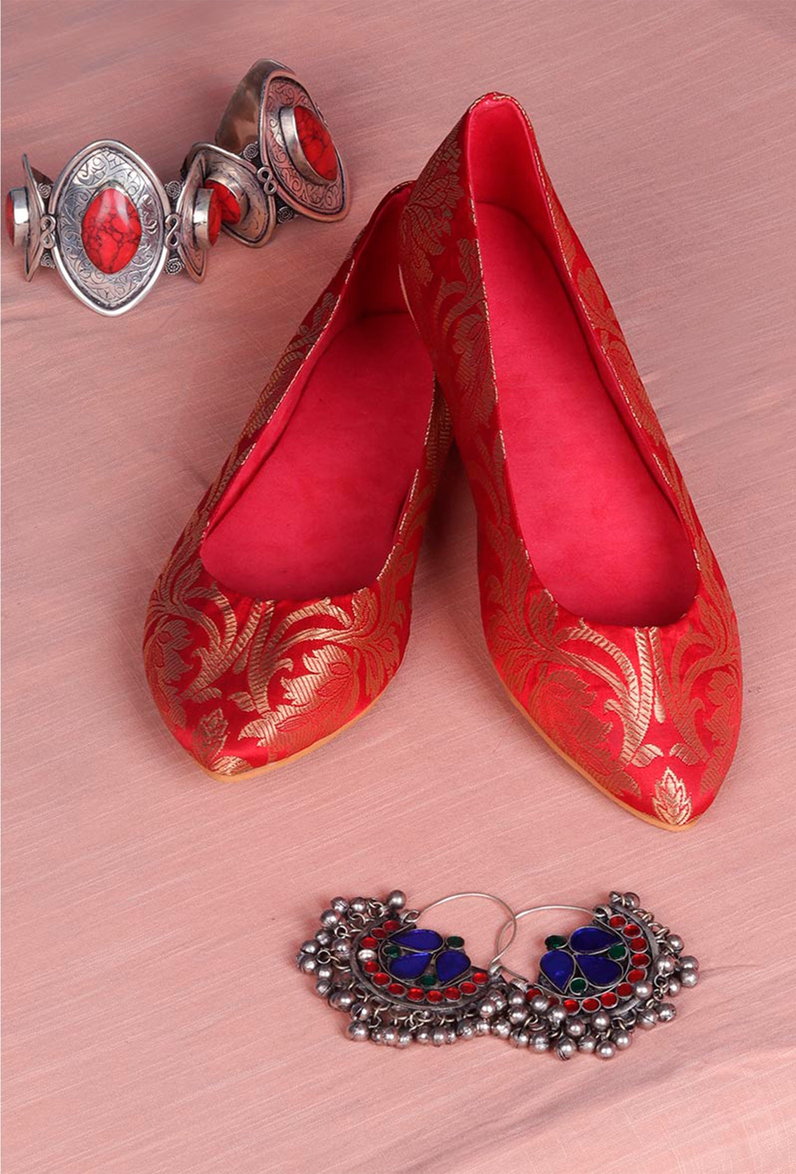 Red Brocade Pointed Toe Ballerina Flats
