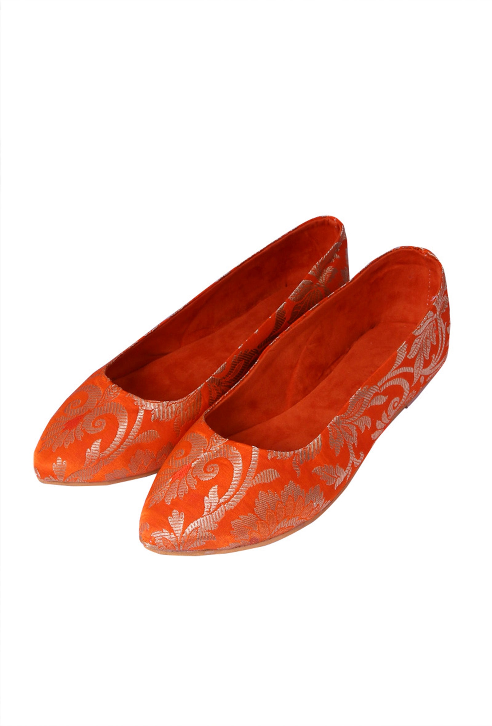Orange Brocade Pointed Toe Ballerina Flats