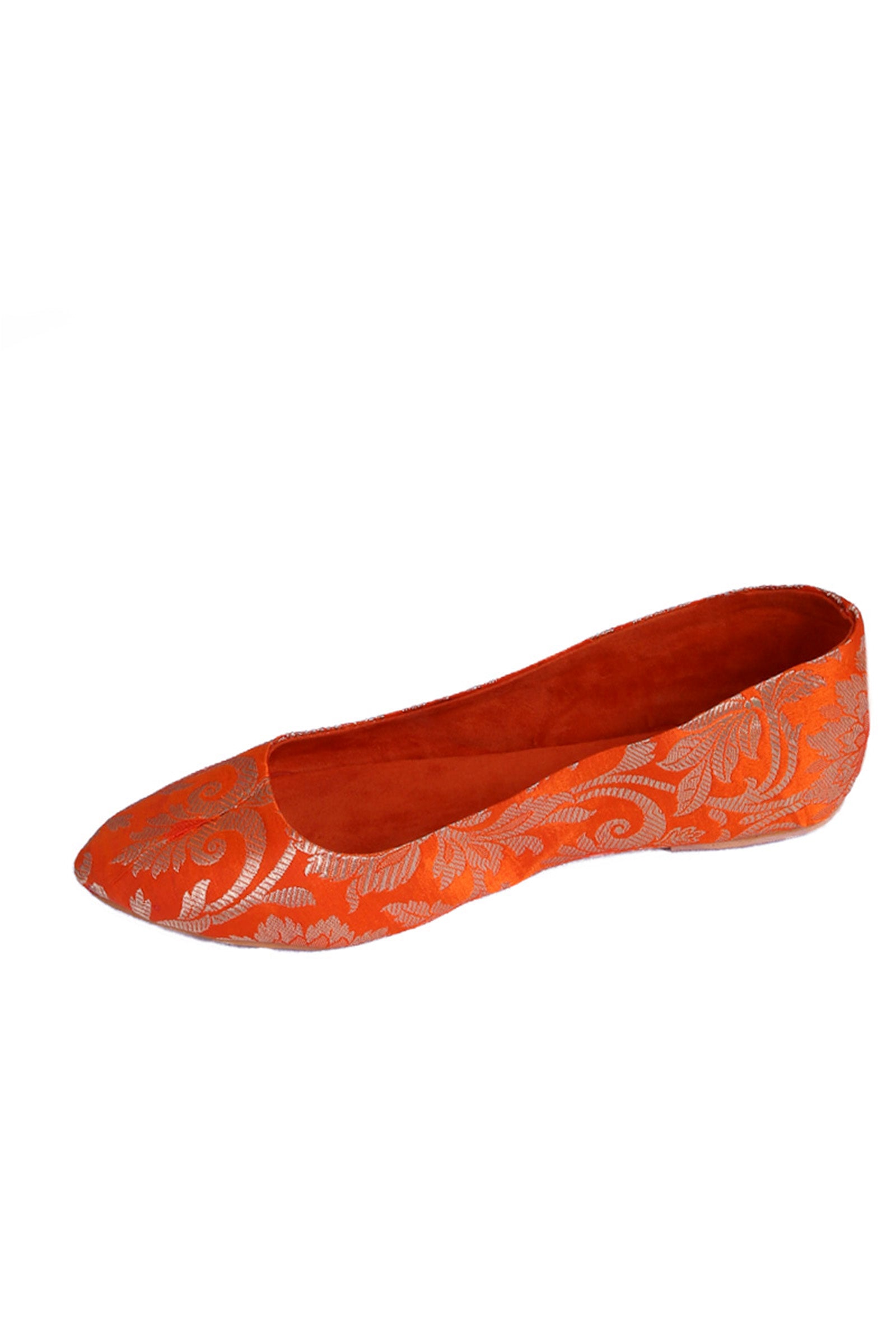 Orange Brocade Pointed Toe Ballerina Flats