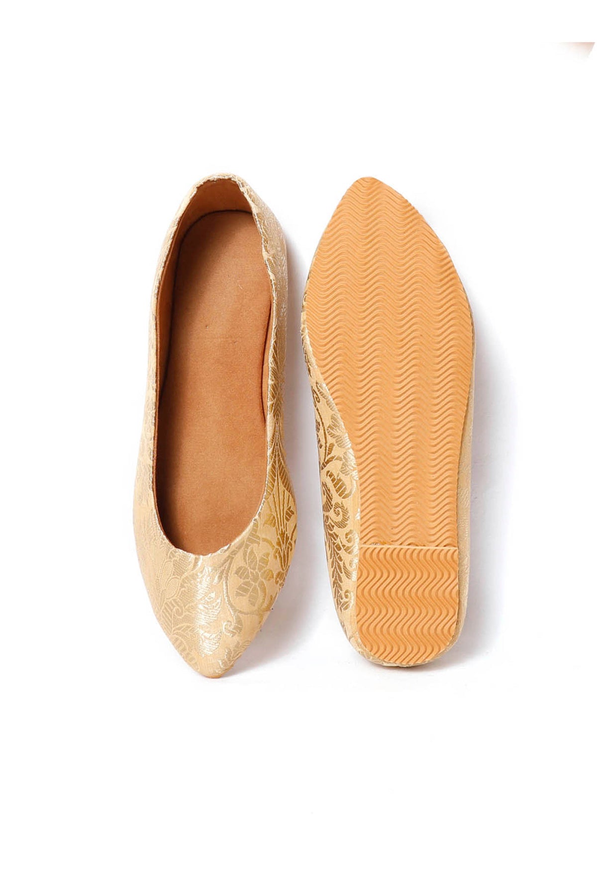 Beige Pointed Toe Brocade Ballerina Flats