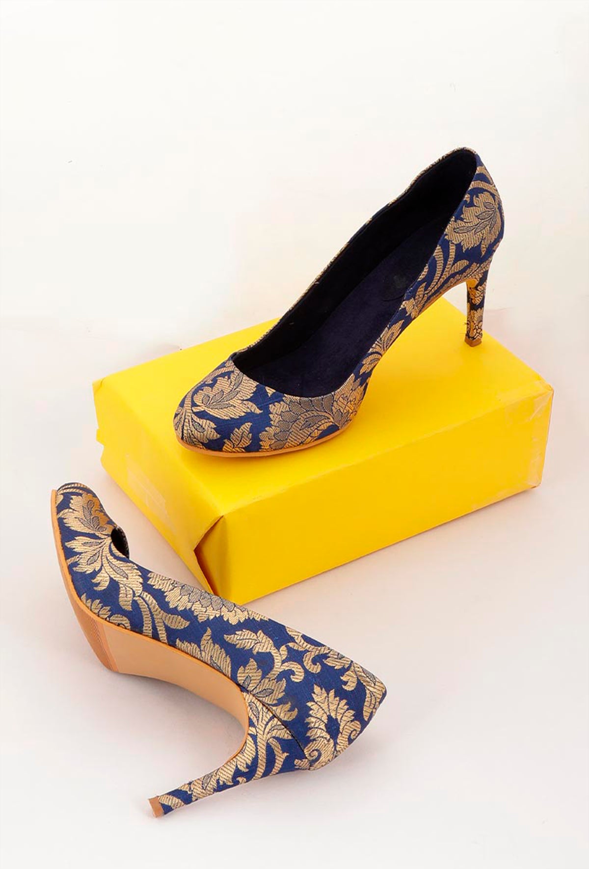 Blue Brocade Pencil Heel Pumps