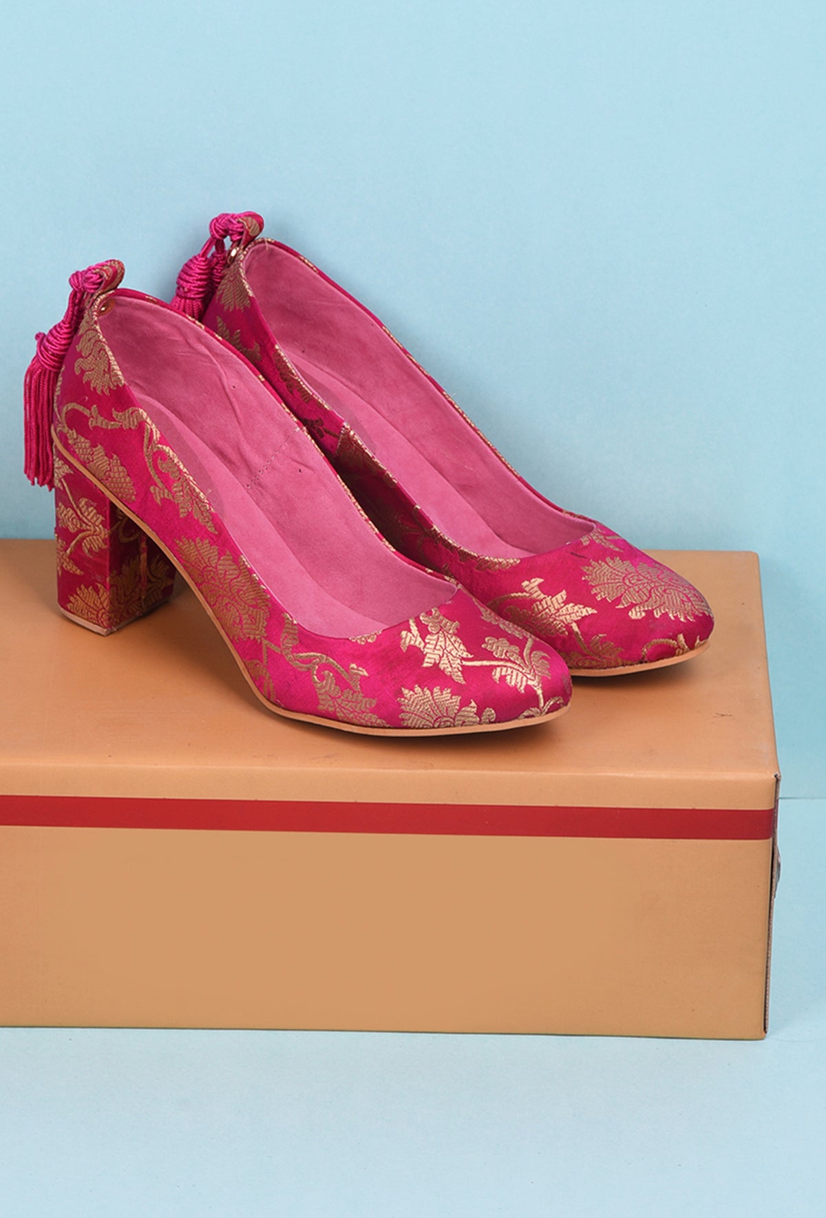 Pink Brocade Block Heel