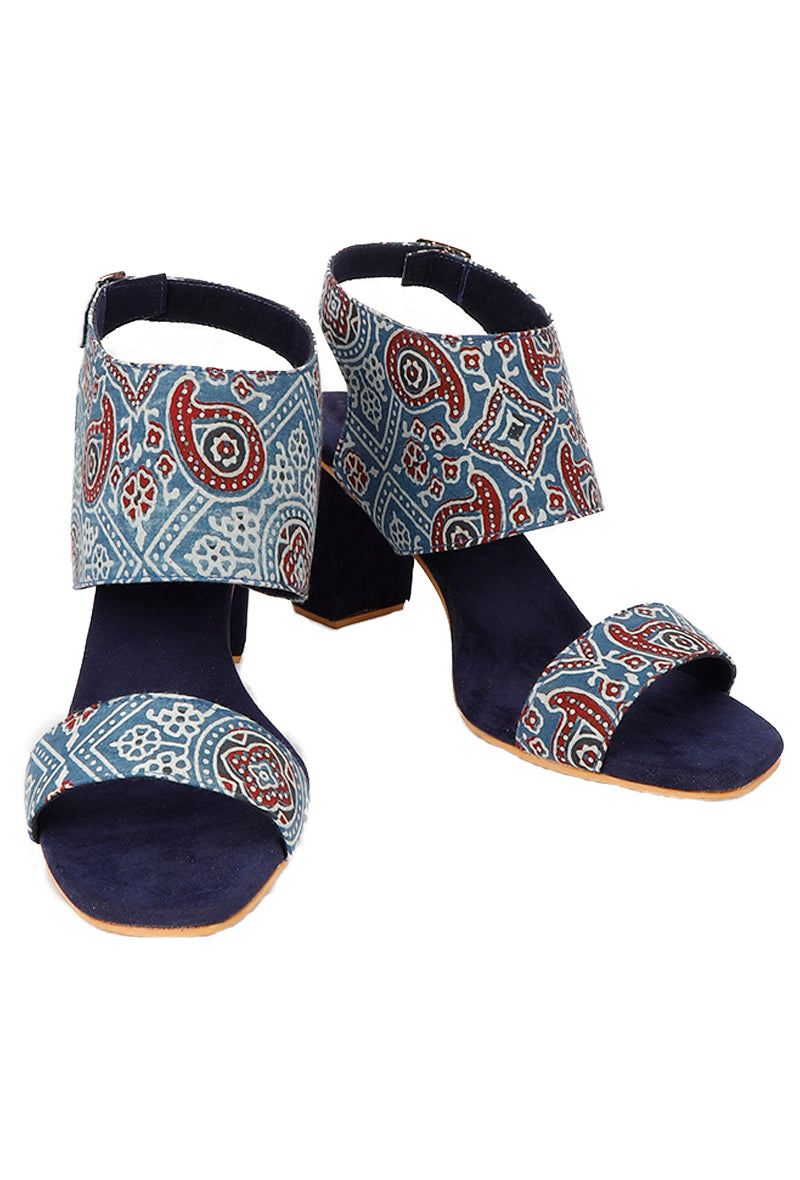 Blue Cotton Ajrakh Strappy Block Heels