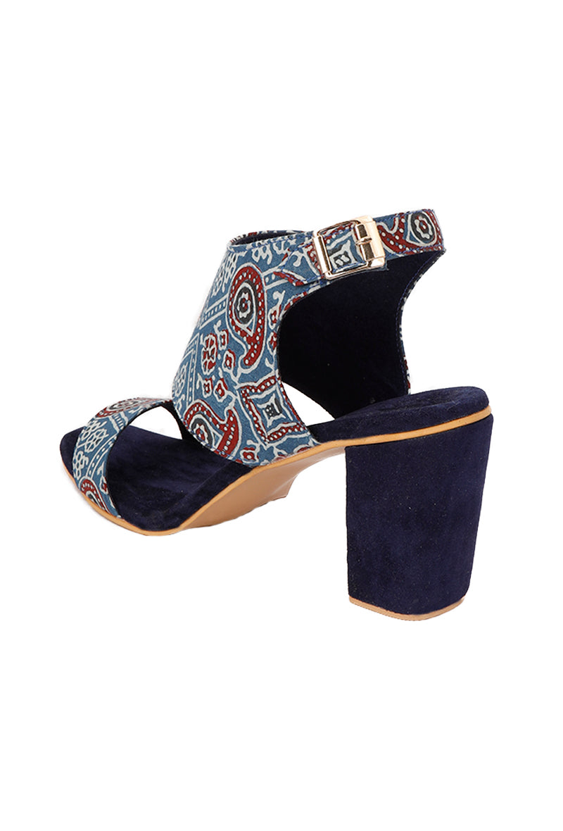 Blue Cotton Ajrakh Strappy Block Heels