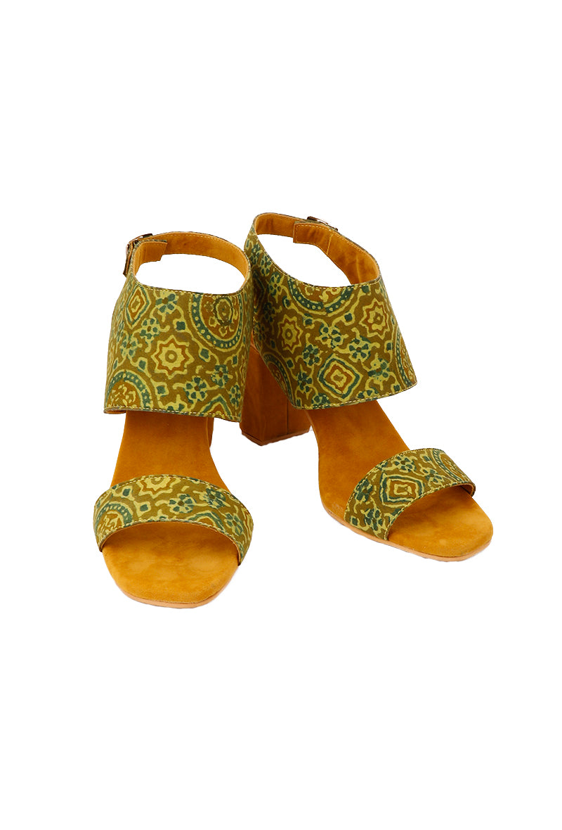 Mustard Yellow Cotton Ajrakh Strappy Block Heels