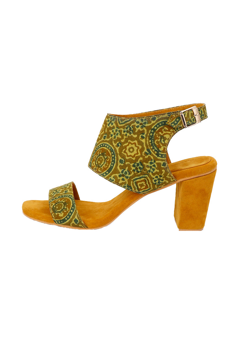 Mustard Yellow Cotton Ajrakh Strappy Block Heels