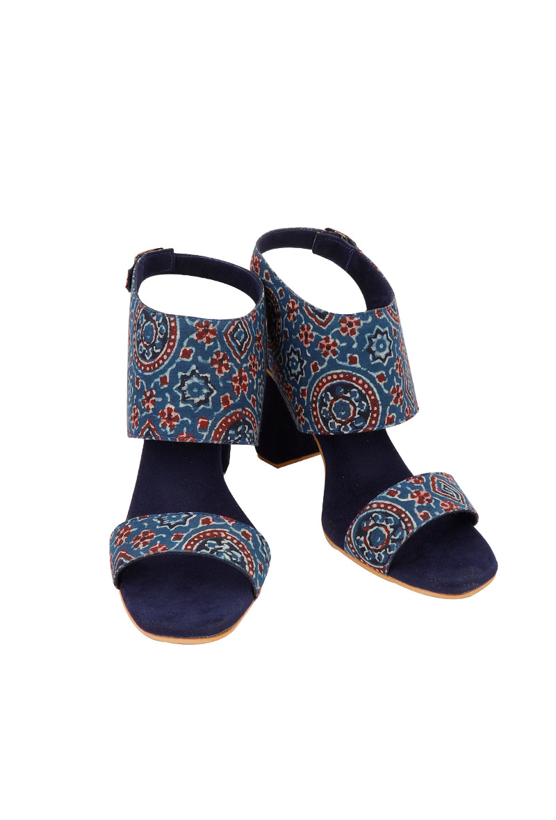 Royal Blue Ajrakh Cotton Strappy Block Heels In Suede