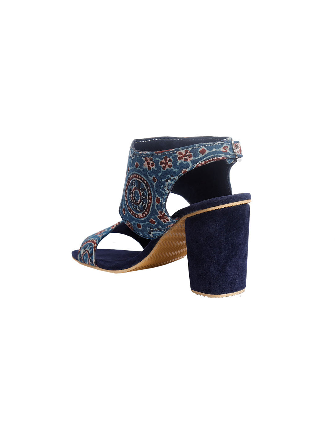 Royal Blue Ajrakh Cotton Strappy Block Heels In Suede