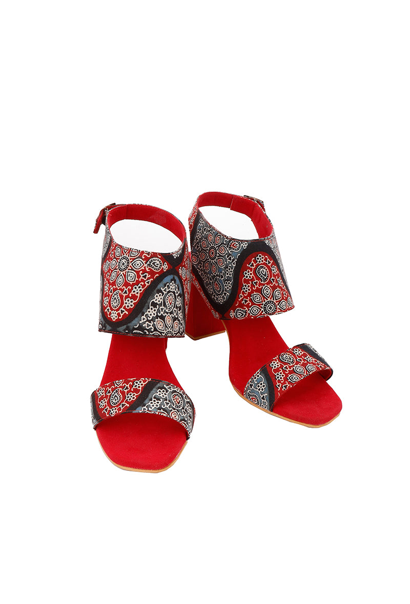 Red Ajrakh Cotton Strappy Block Heels In Suede