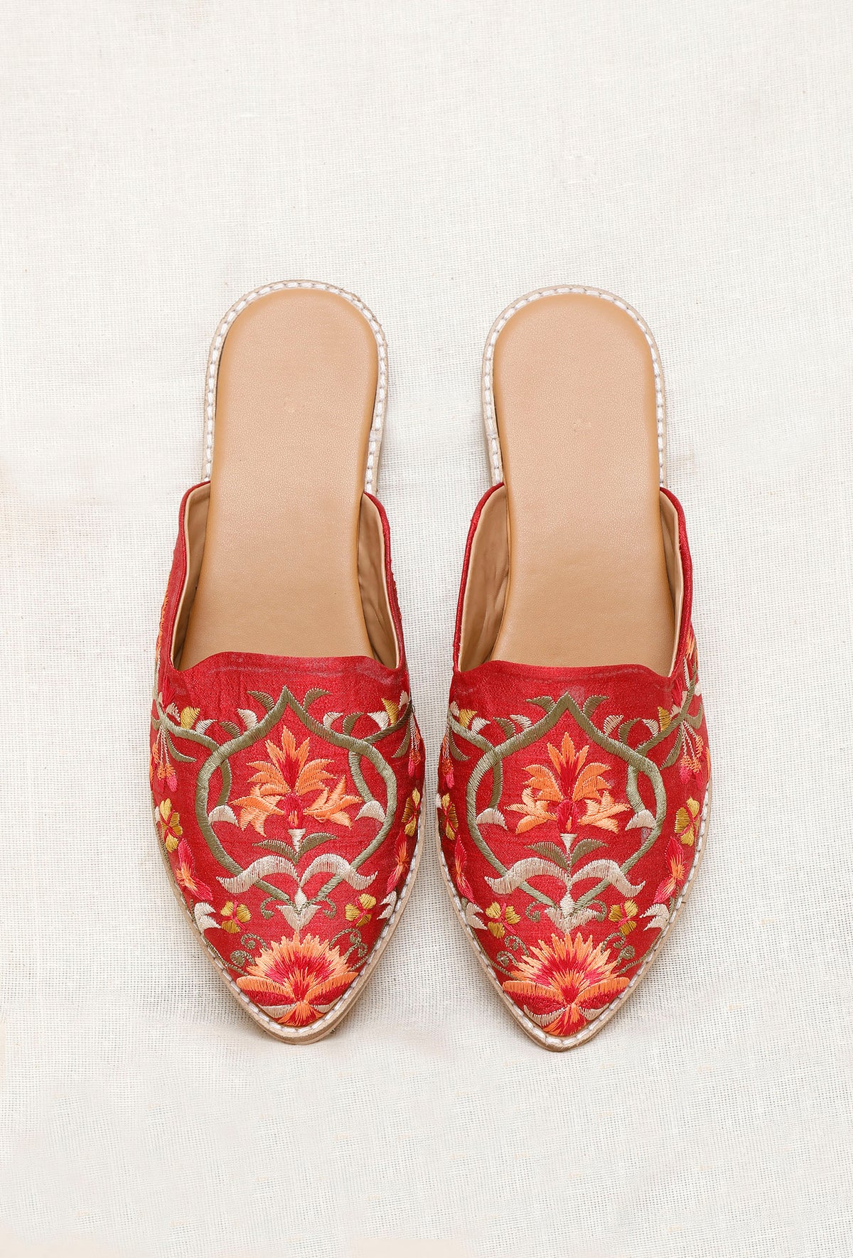 Red Embroidered Dupion Silk Mules