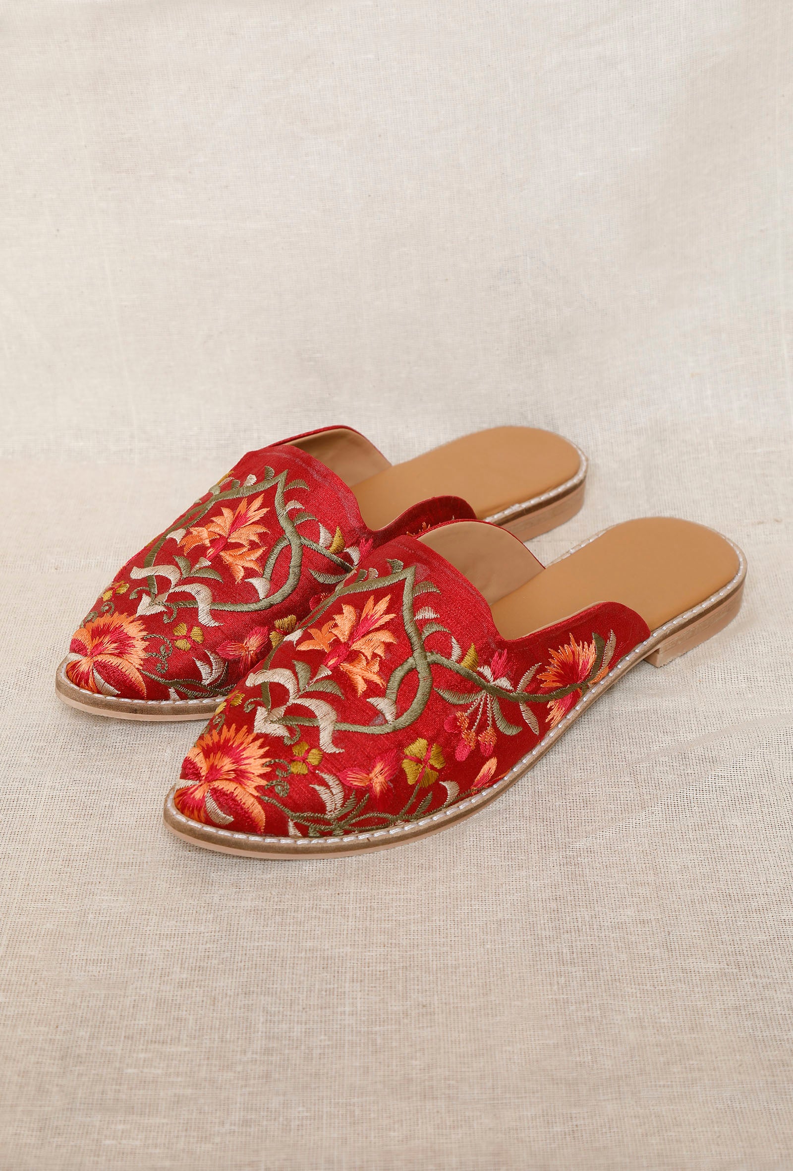 Red Embroidered Dupion Silk Mules