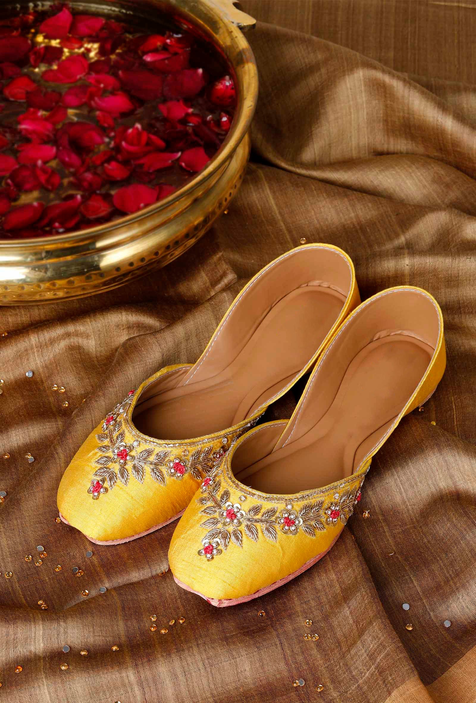 Yellow And Pink Embroidered Silk Juttis