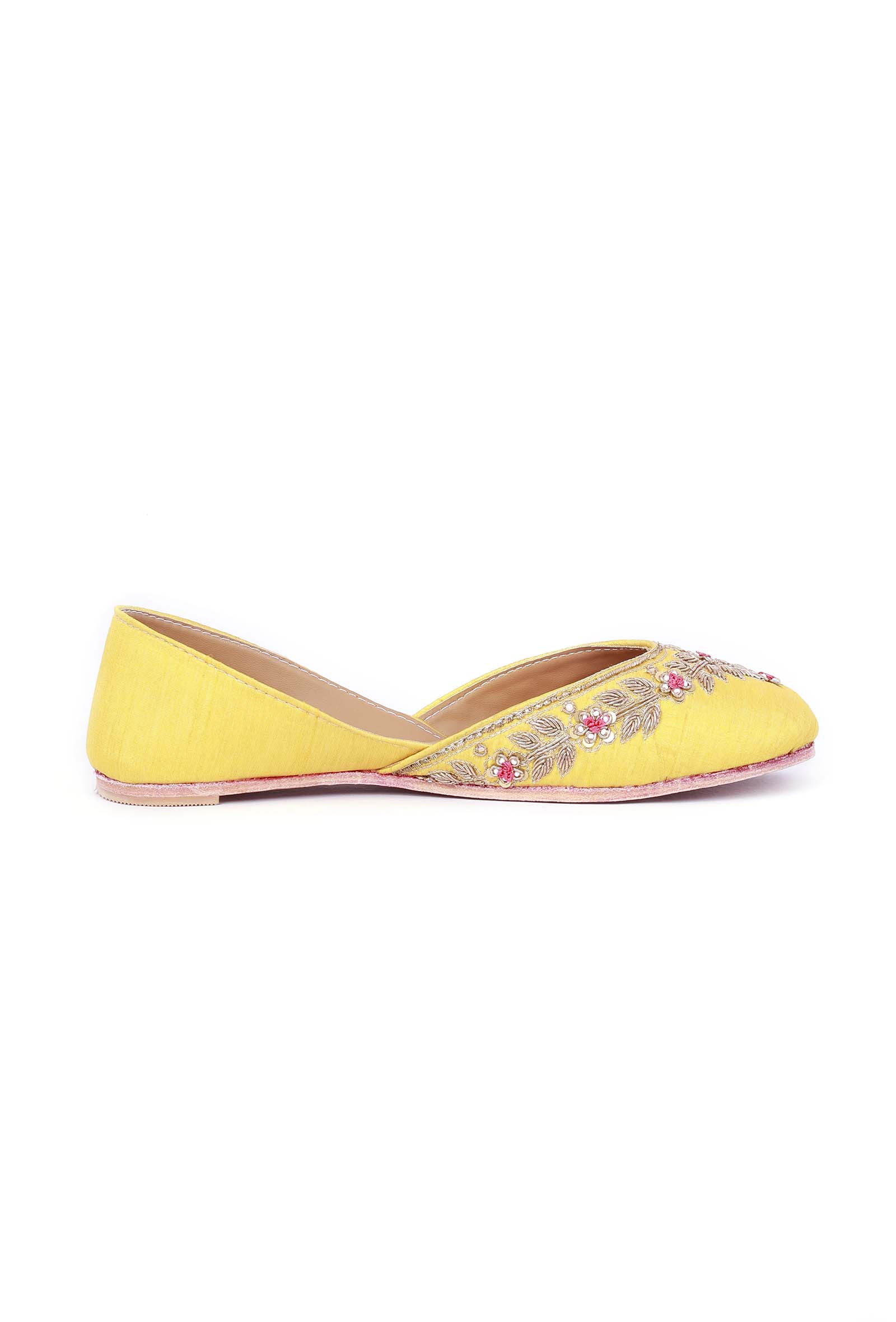 Yellow And Pink Embroidered Silk Juttis