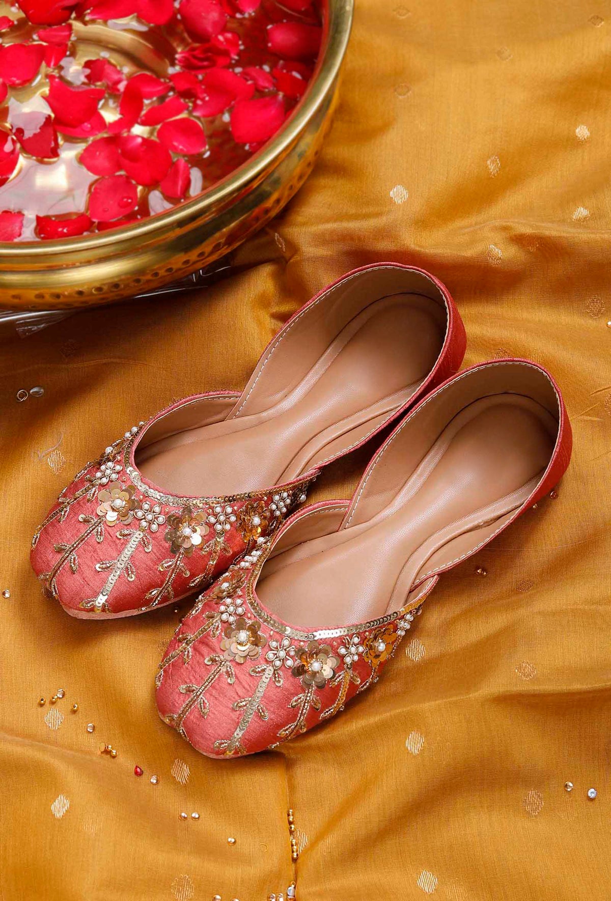 Rust Floral Embroidered Silk Juttis