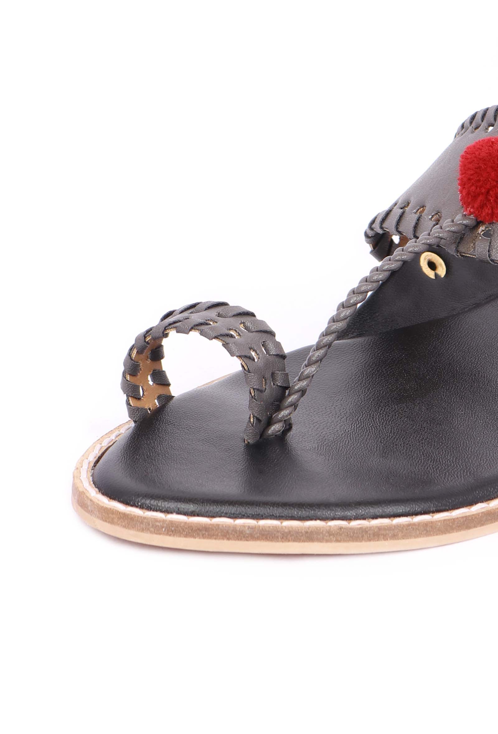 Grey Pom Pom Cruelty-Free Leather Sandal