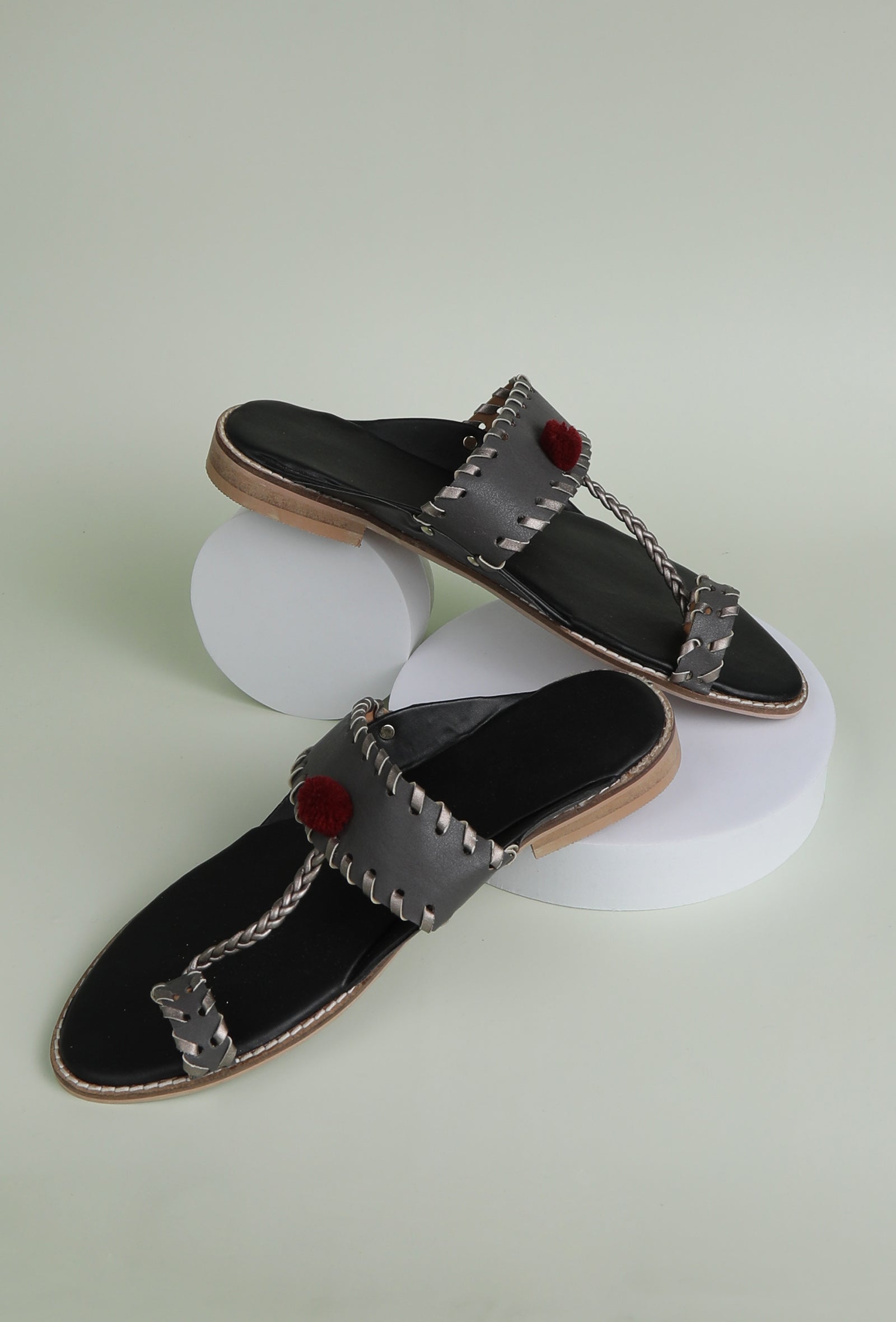 Grey & Silver Pom Pom Cruelty-Free Leather Sandals