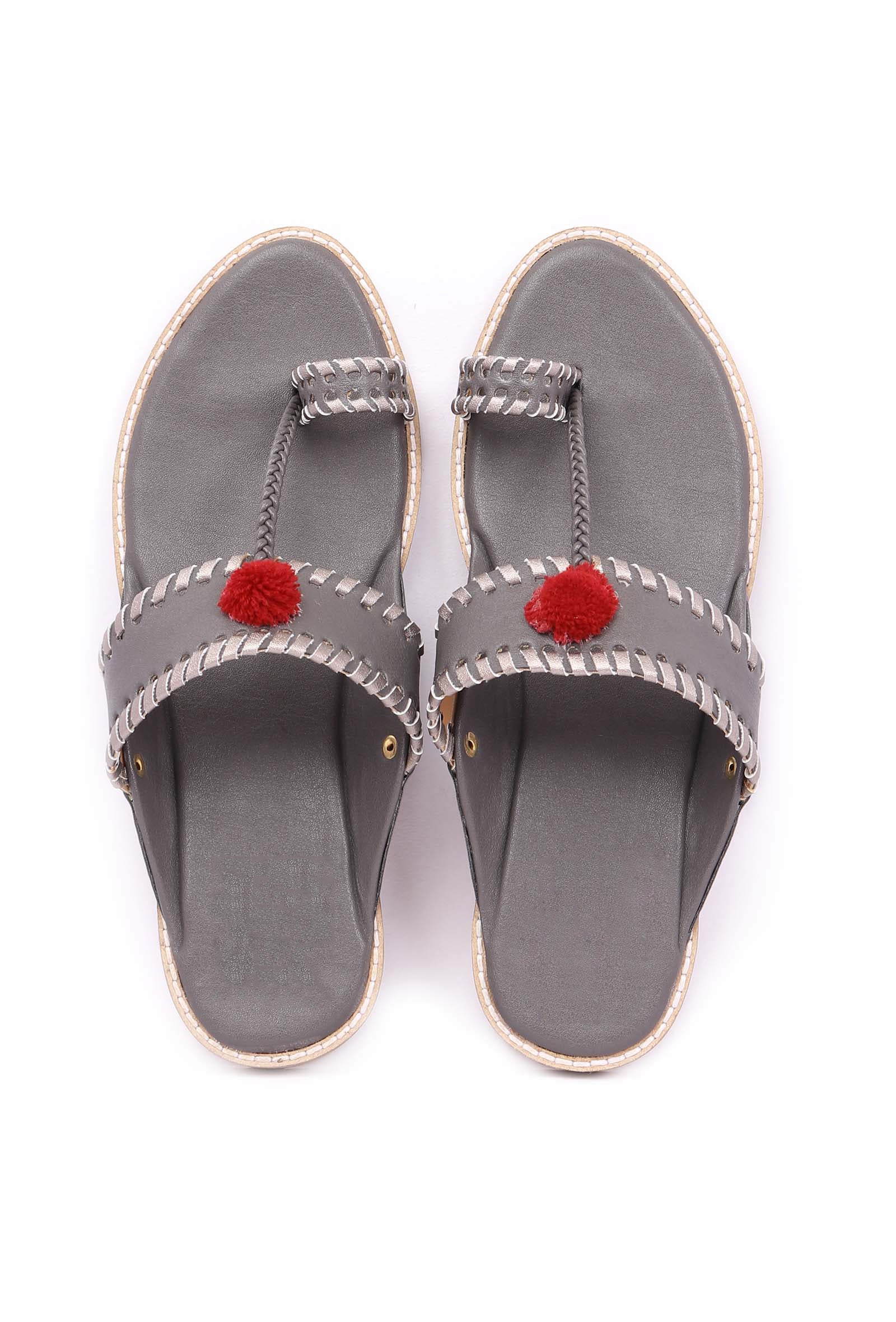 Grey & Silver Pom Pom Cruelty-Free Leather Sandals